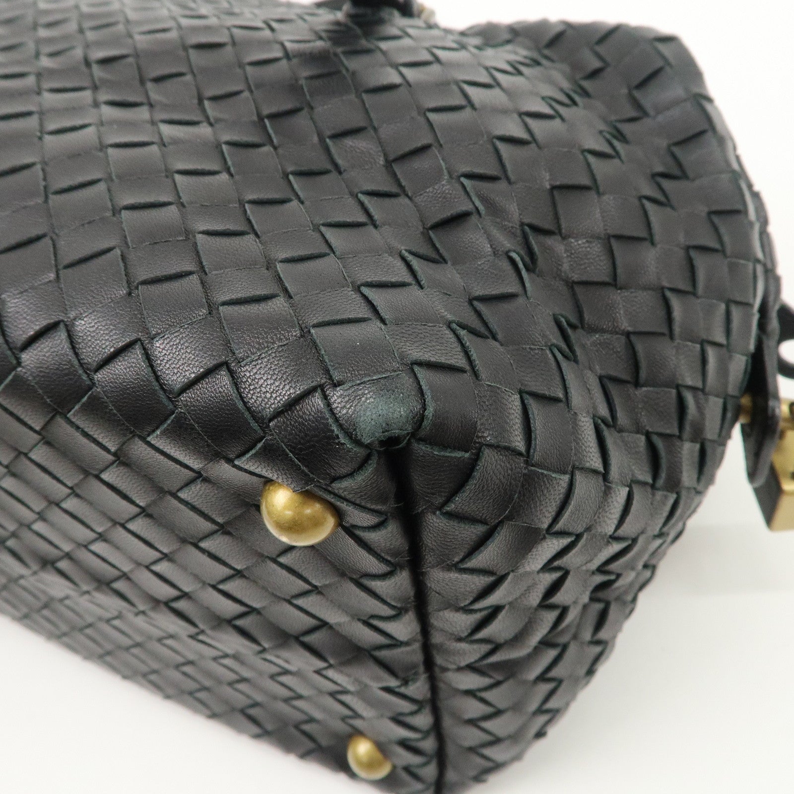 BOTTEGA VENETA Intrecciato Leather Boston Bag Hand Bag Black 173398
