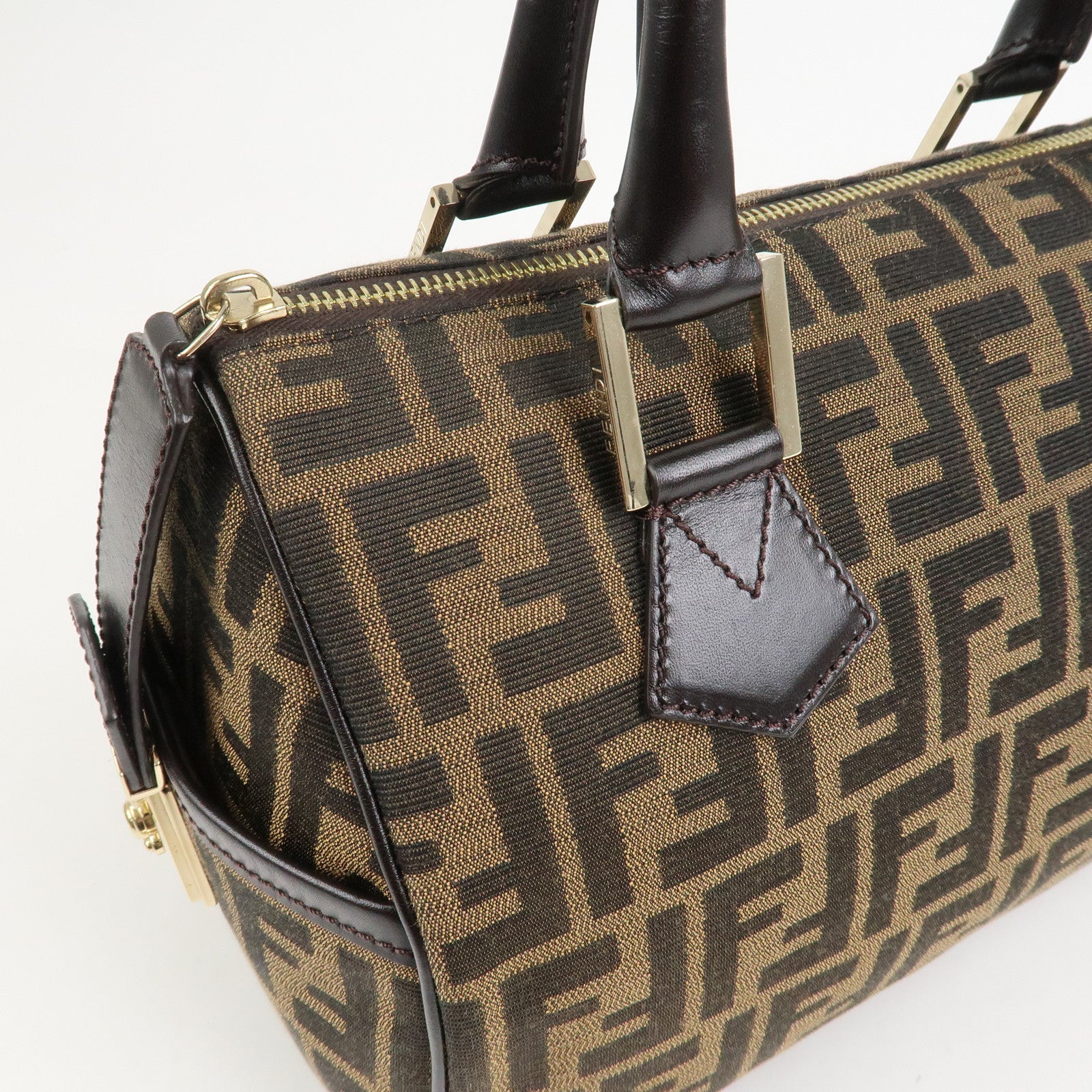 FENDI Zucca Canvas Leather Mini Boston Bag Black Brown 8BL104