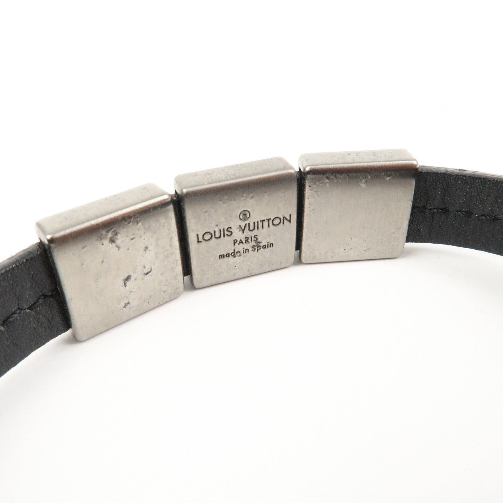 Louis Vuitton Leather Bracelet Black Silver M6205