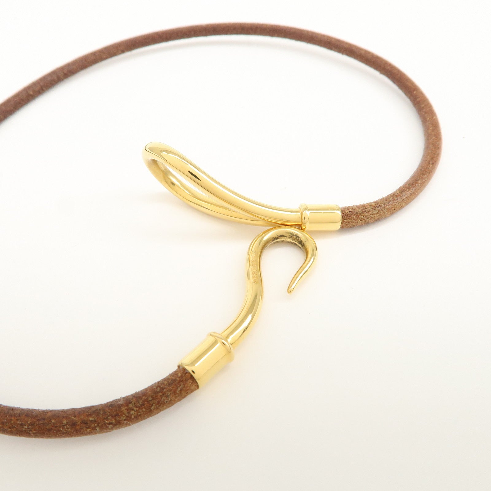 HERMES Logo Leather Jumbo Choker Bracelet Brown