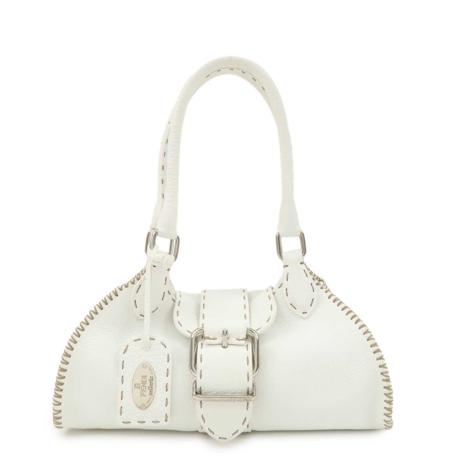 FENDI Seleria Leather Hand Bag White Silver HDW 8BR439