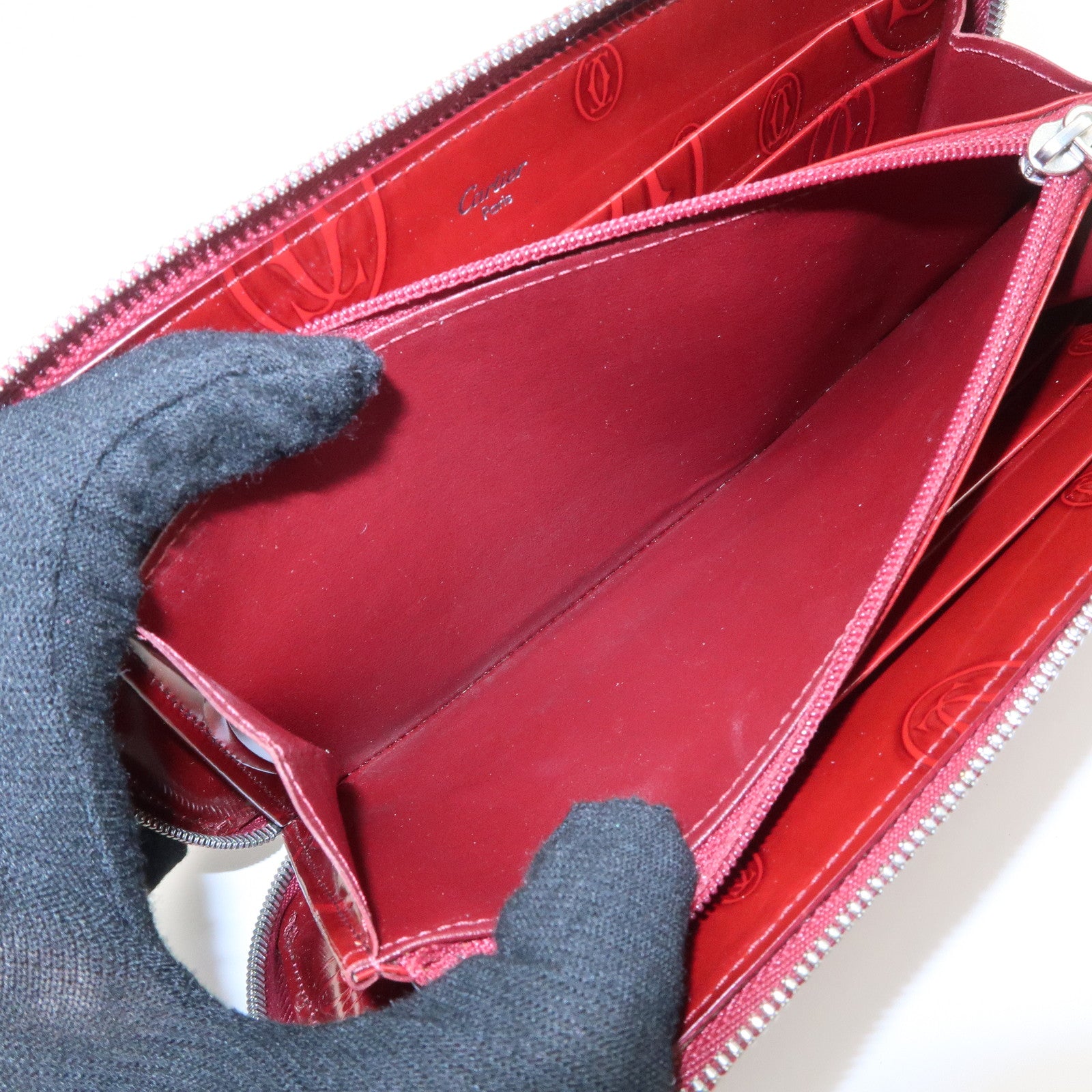 Cartier 2C Patent Leather Round Zippy Long Wallet Bordeaux Used
