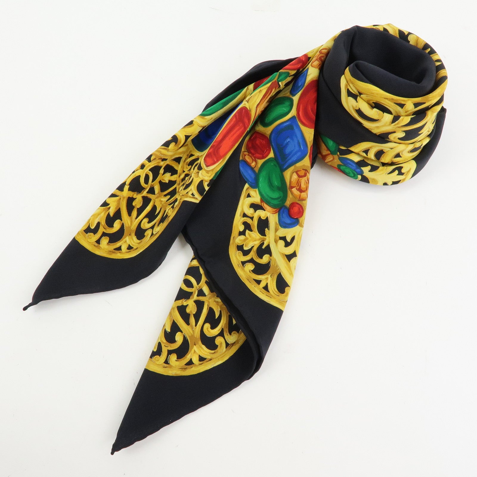 CHANEL Jewelry Motif Silk 100% Scarf Black Yellow Multicolor