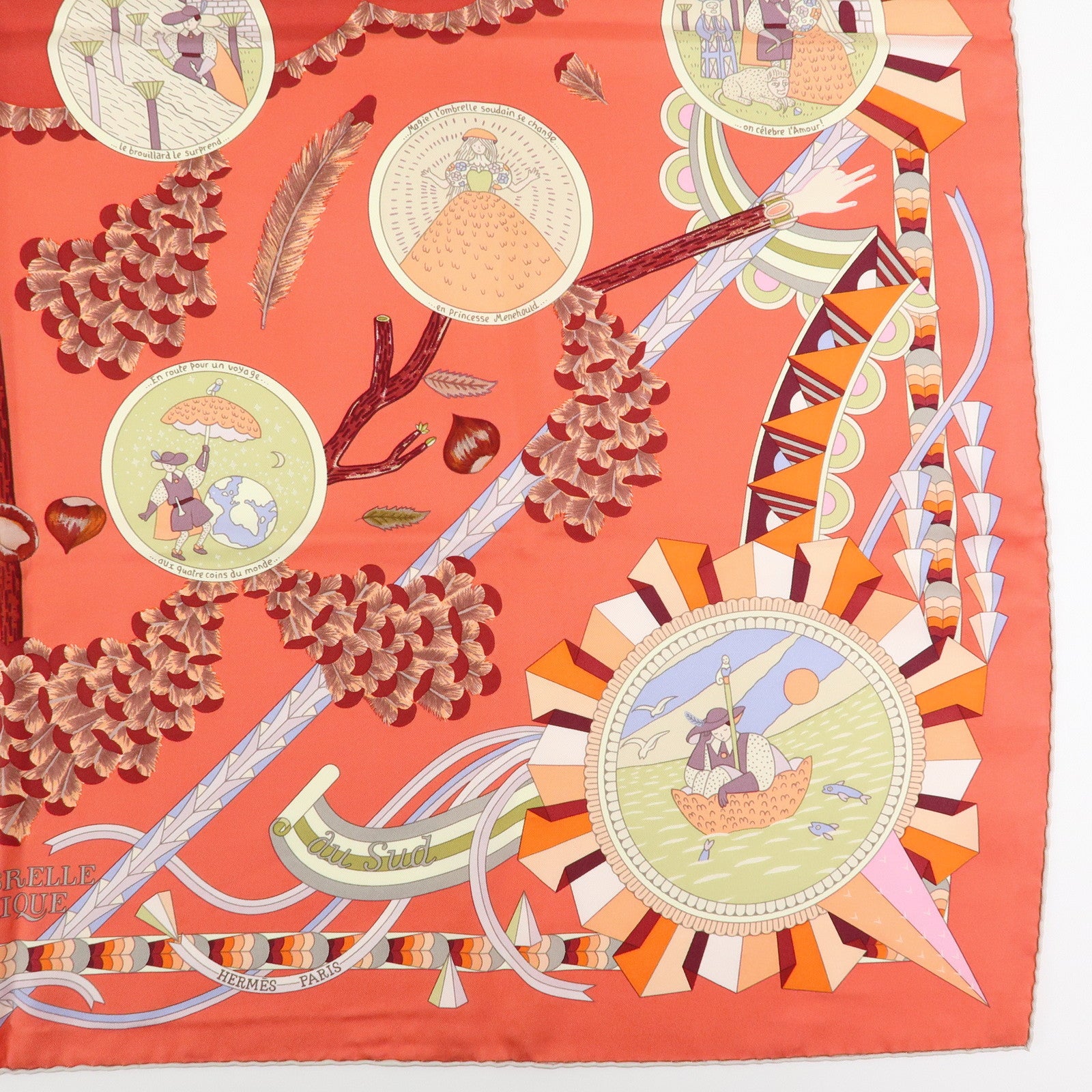 HERMES Carre 90 Silk 100% Scarf L' OMBRELLE MAGIQUE Umbrella Pink
