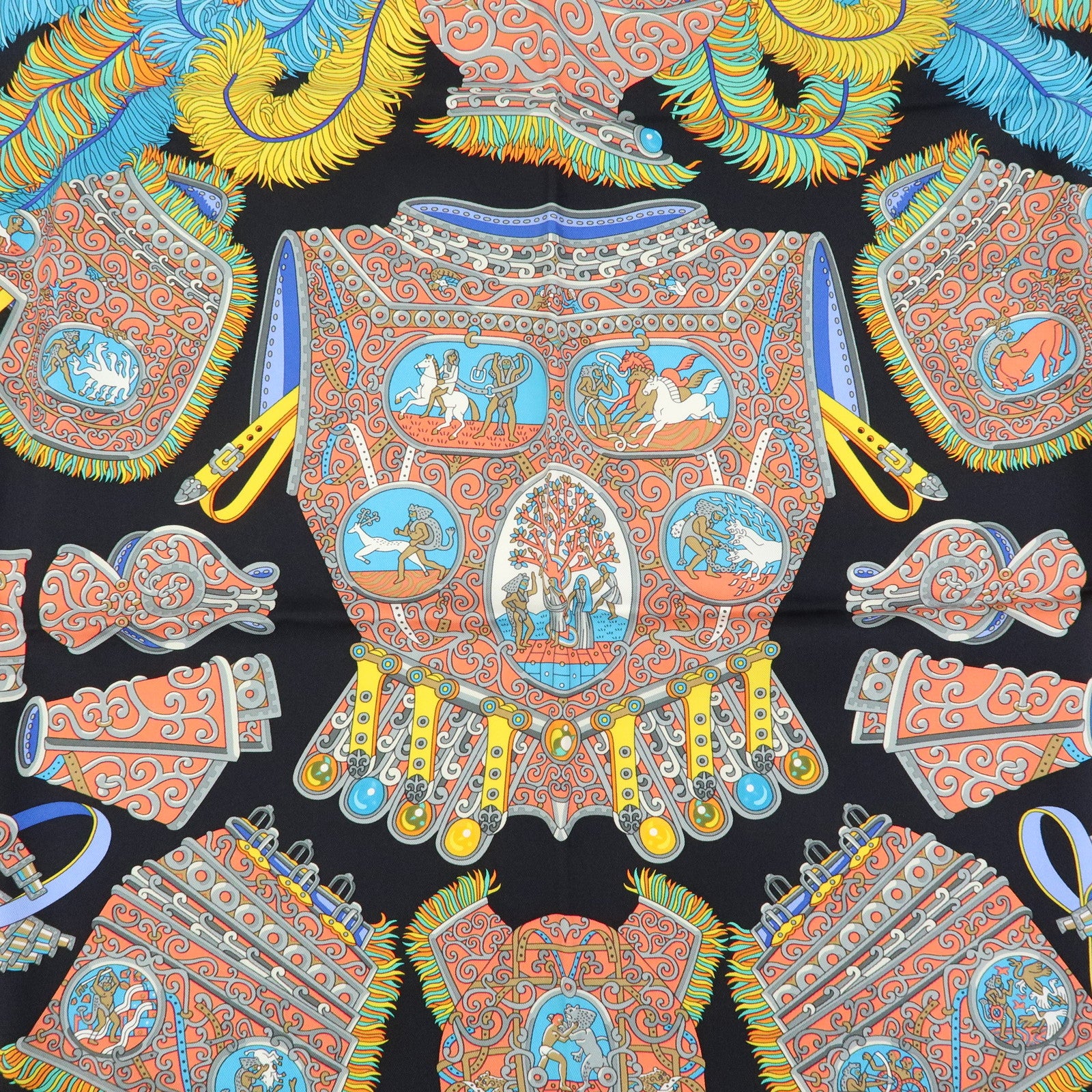 HERMES Carre 90 Silk 100% Scarf SOUS LE GIDE DE MARS Black Blue