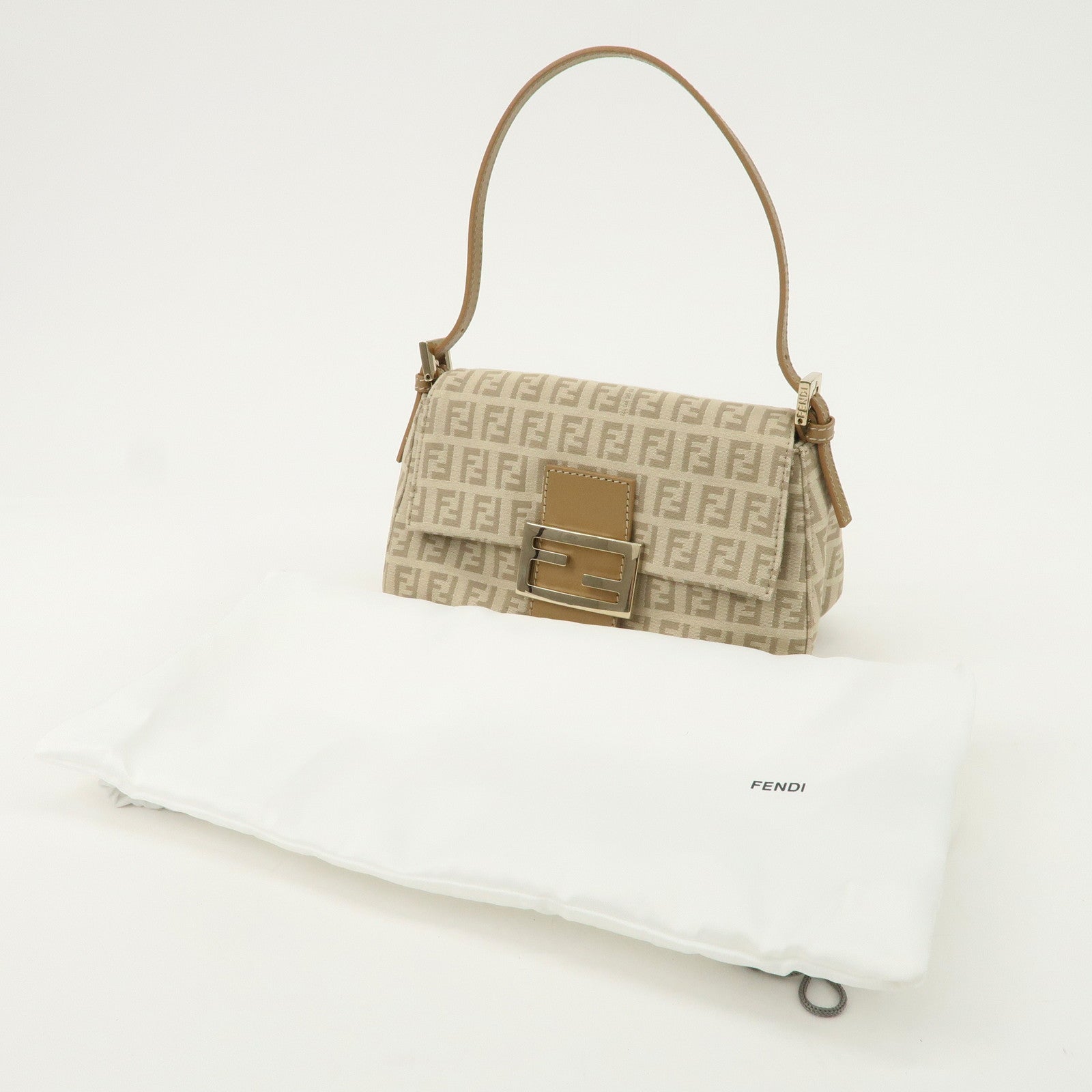 FENDI Mini Mamma Baguette Zucchino Canvas Leather Shoulder Bag Beige 8BR180