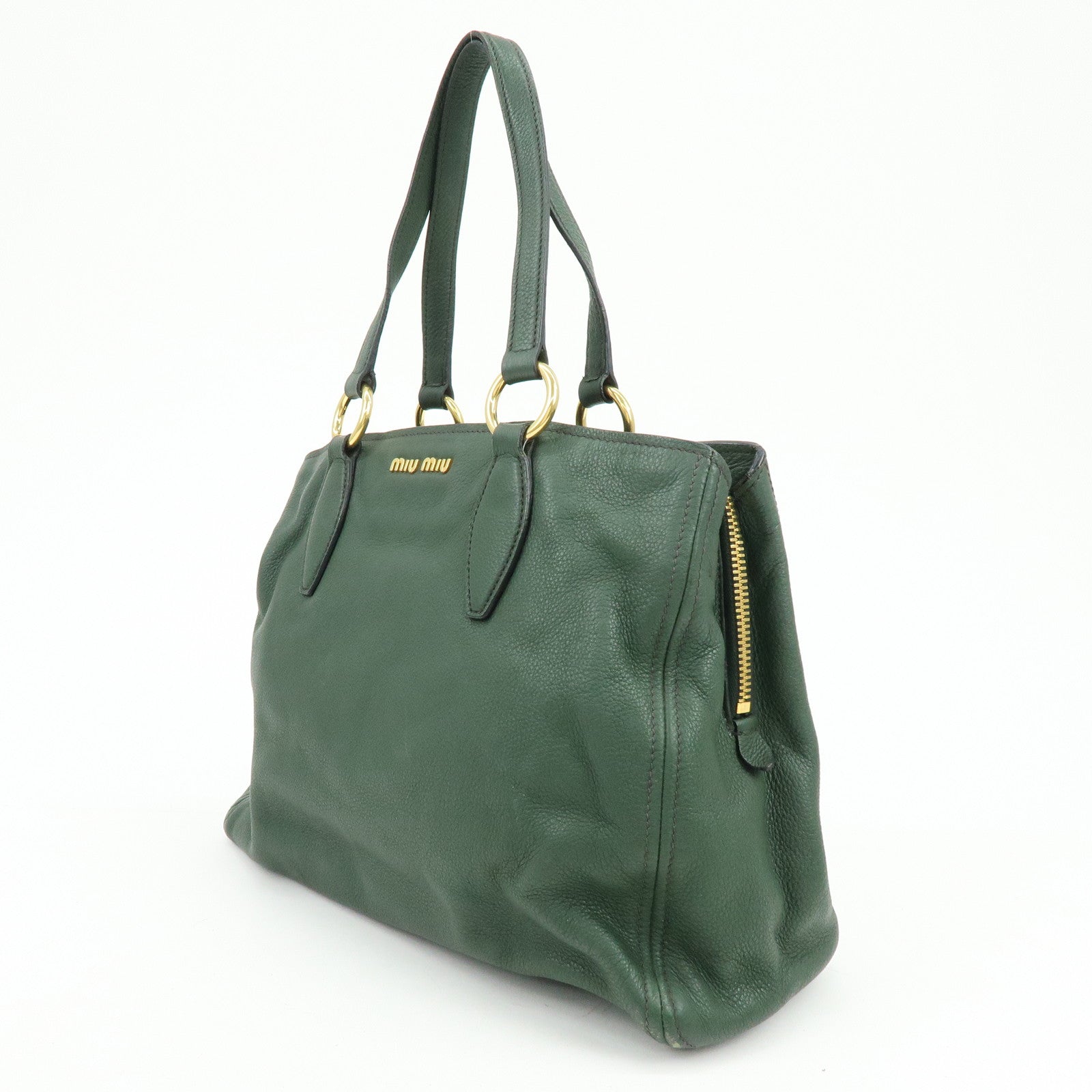 MIU MIU Logo Leather Tote Bag Shoulder Bag Hand Bag Moss Green