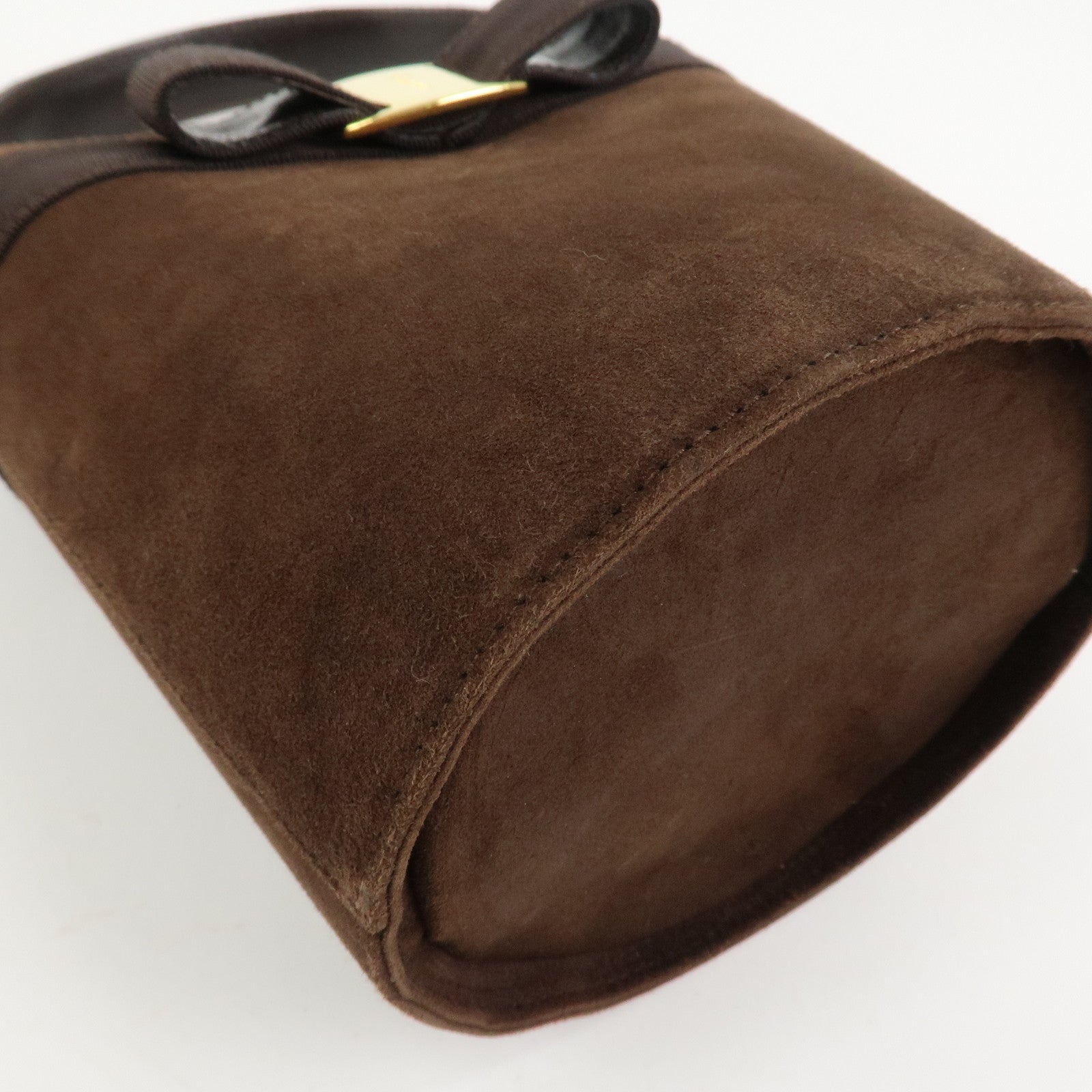 Ferragamo Vara Ribbon Suede Leather Hand Bag Brown Gold