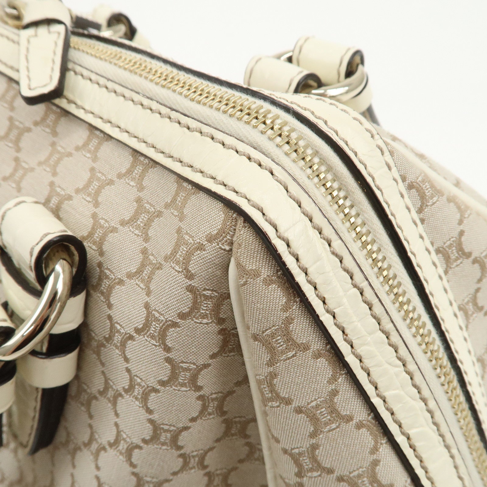 CELINE Macadam Canvas Leather Boston Bag Hand Bag Beige Ivory