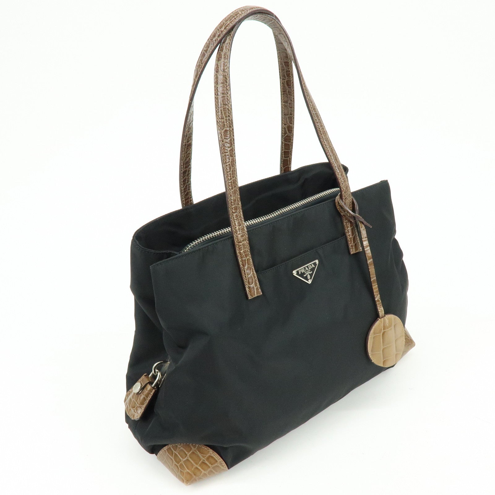 PRADA Triangle Logo Nylon Embossed Leather Tote Bag Black Brown