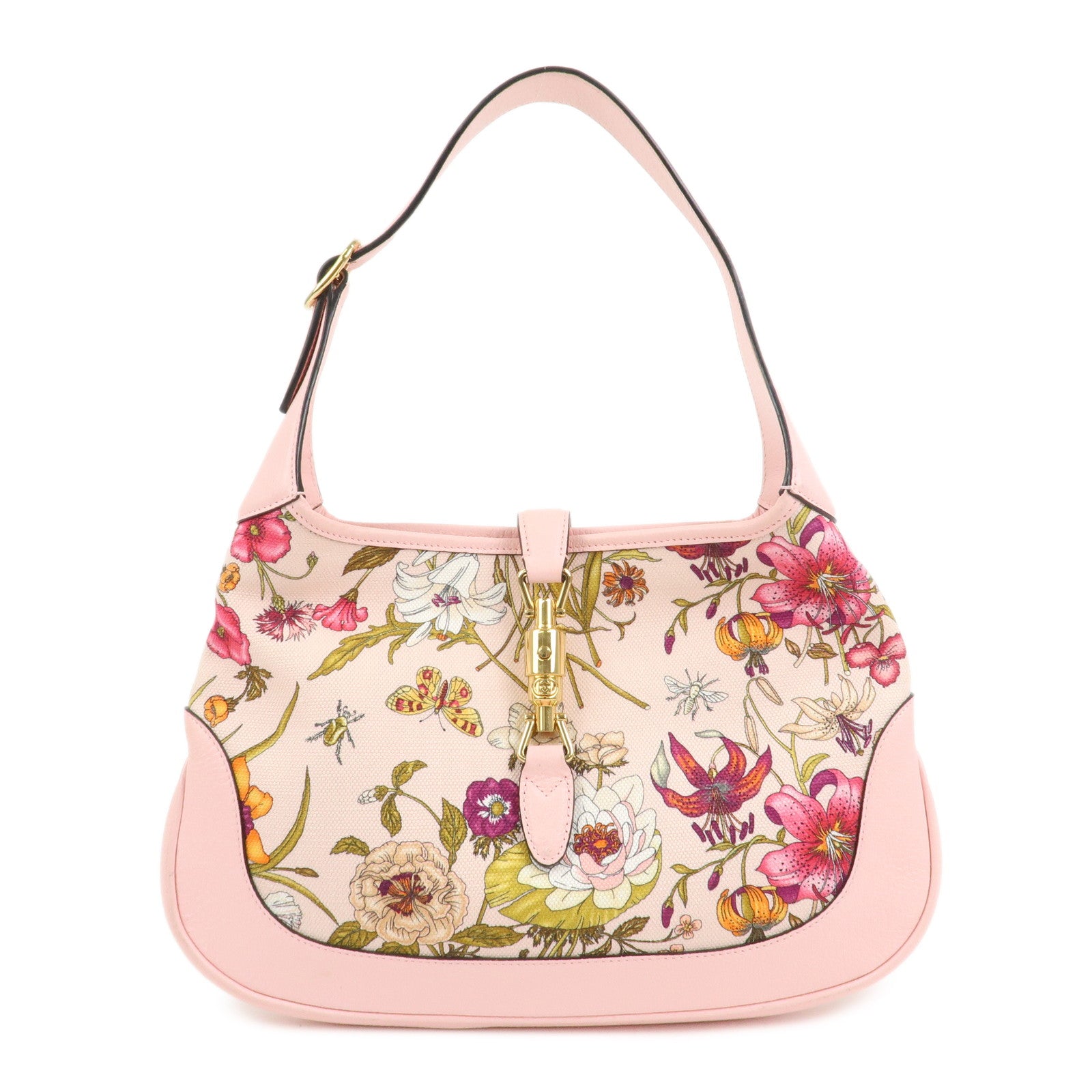 GUCCI New Jackie Flora Canvas Leather Shoulder Bag Hand Bag Pink 550152