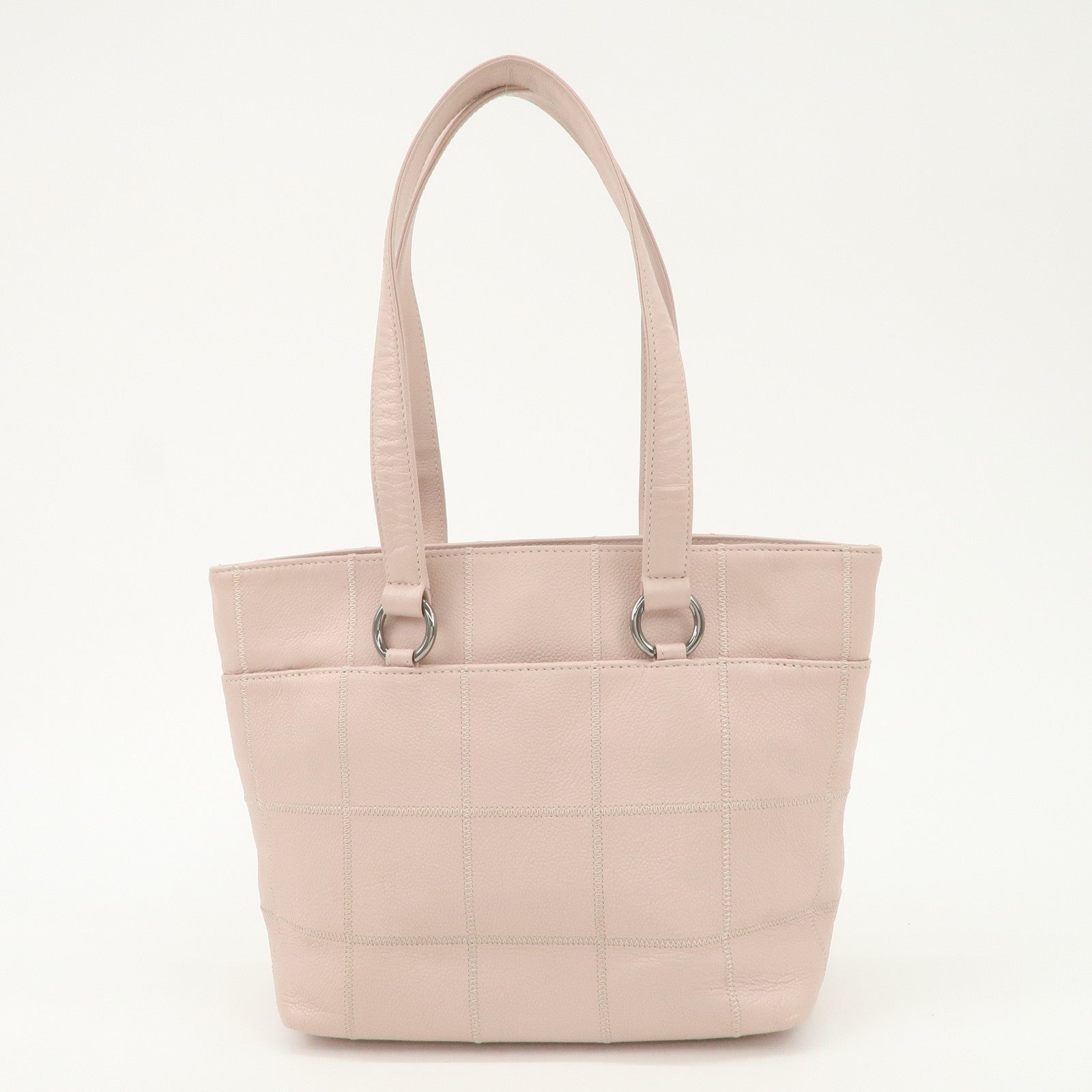 CHANEL Chocolate Bar Caviarskin Tote Bag Hand Bag Pink Silver Used