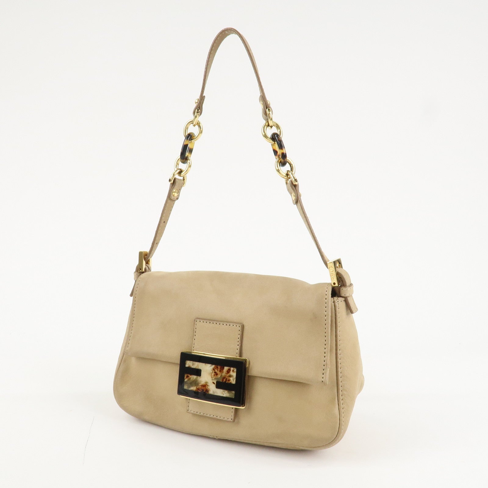 FENDI Mamma Baguette Leather Chain Shoulder Bag Beige 8BR180 Used