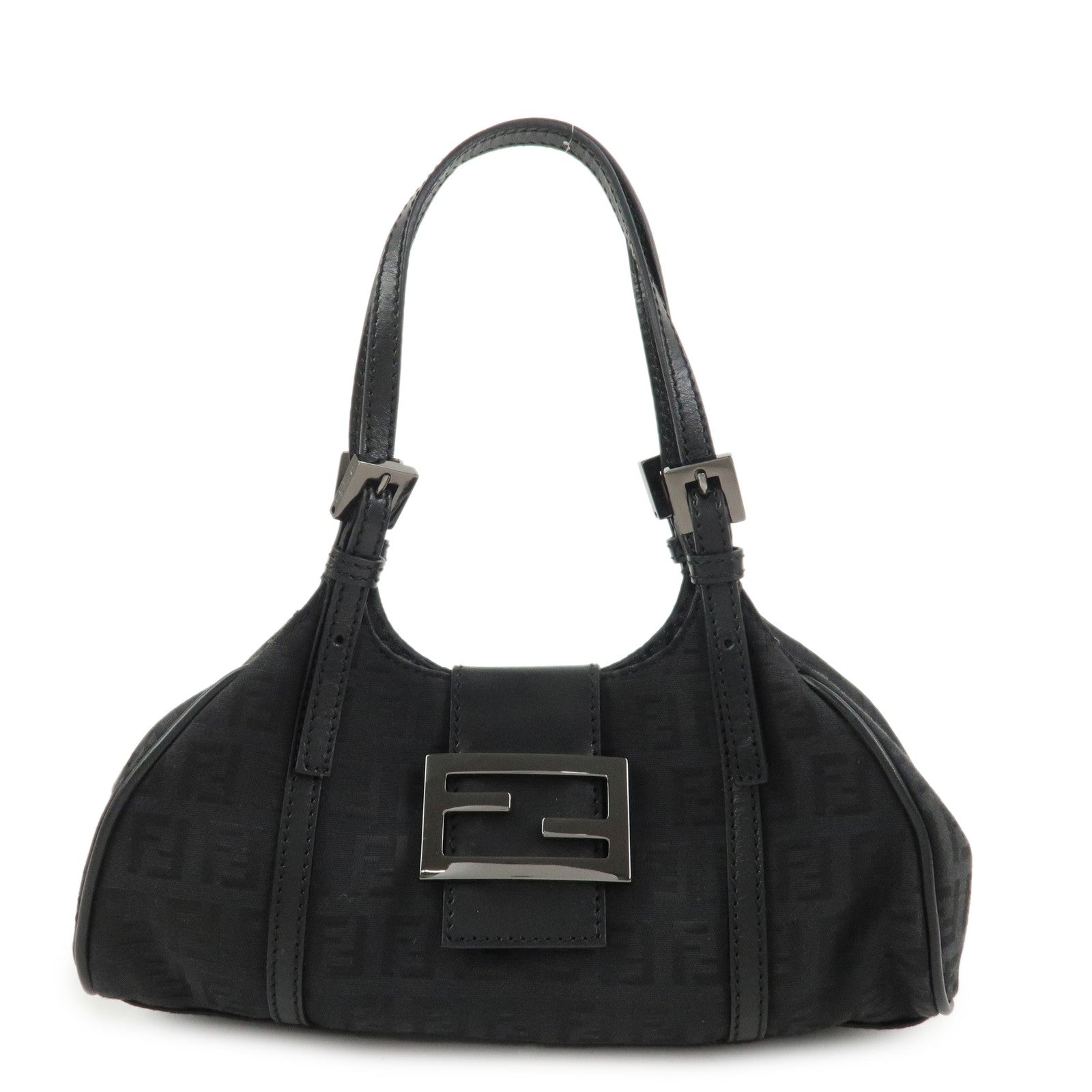 FENDI Zucchino Canvas Leather Hand Bag Shoulder Bag Black 8BR437