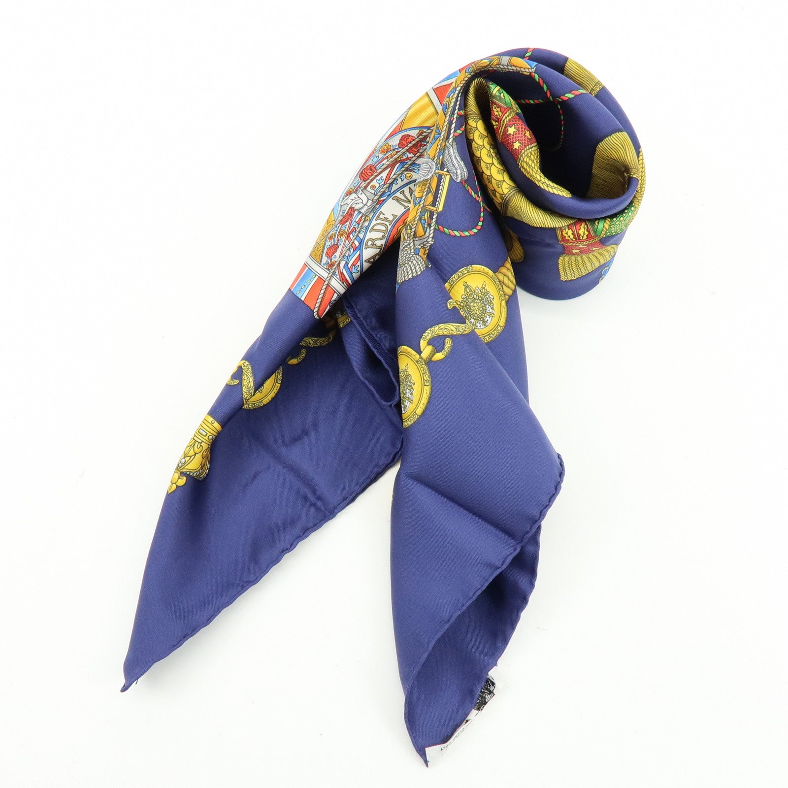 HERMES Carre 90 Silk 100% LES TAMBOURS Scarf Navy Gold
