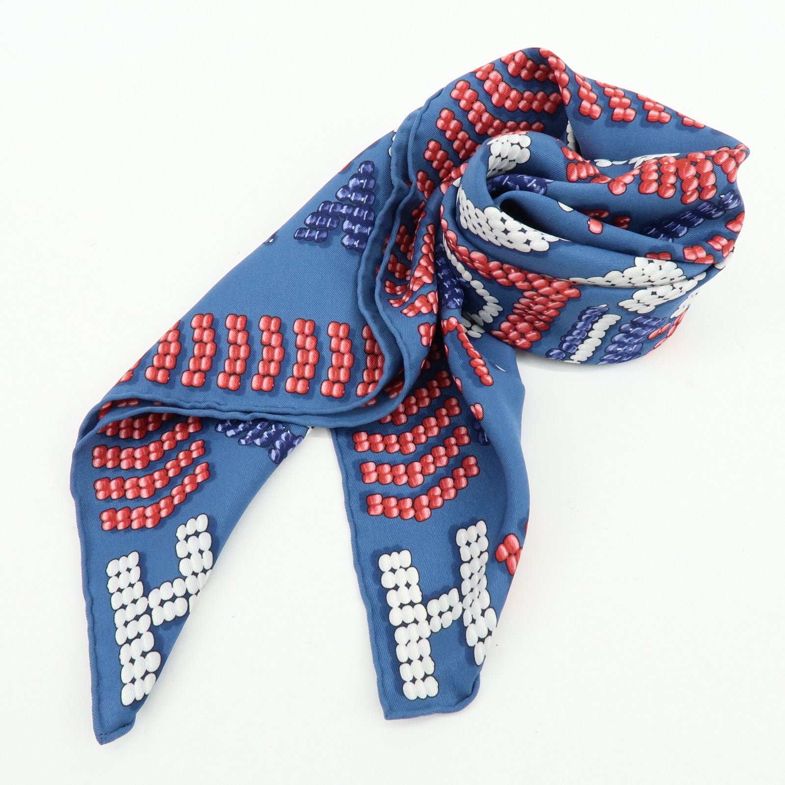 HERMES Carre 65 Silk 100% Scarf KELLY EN PERLES Pearl Print Blue