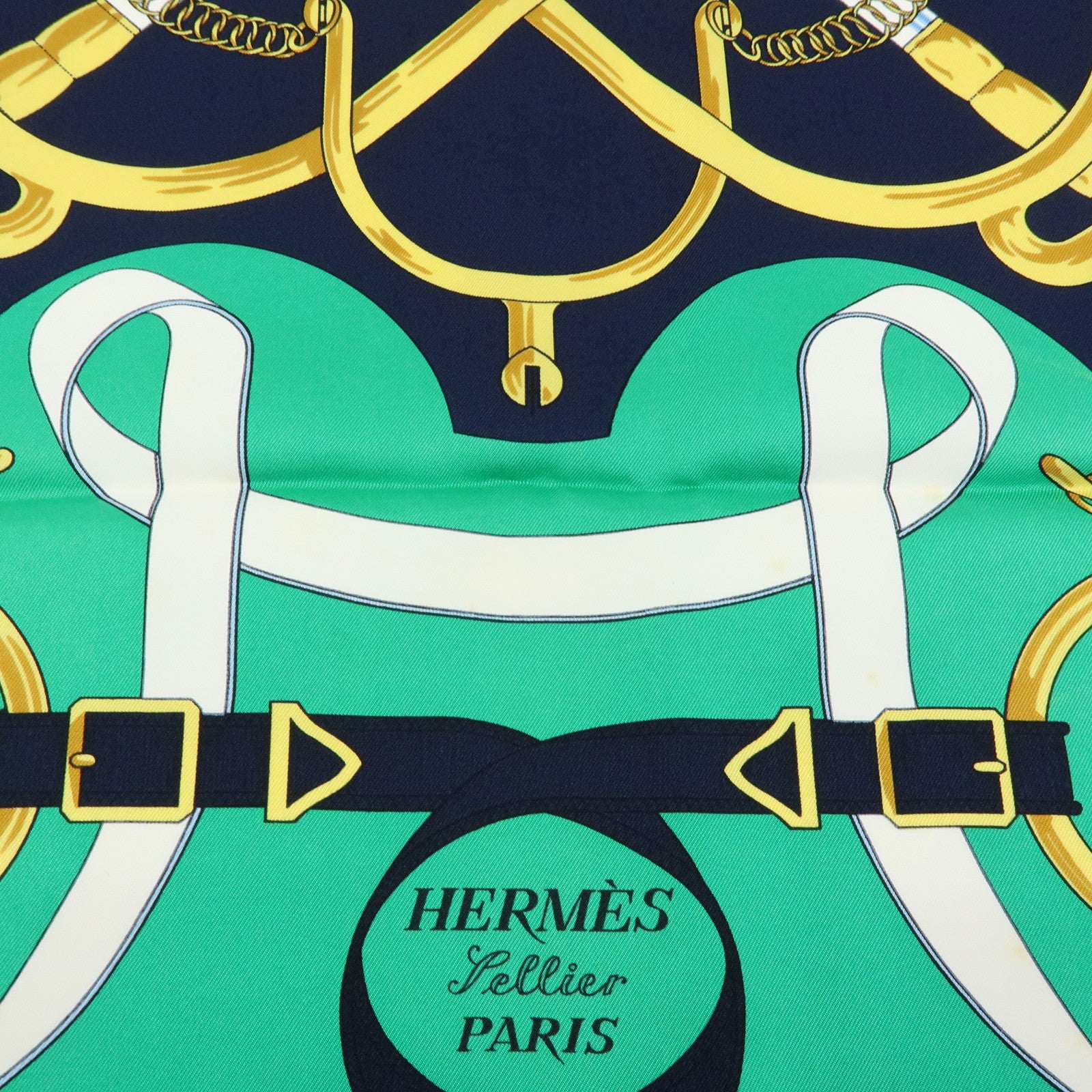 HERMES Carre 90 Silk 100% Scarf Eperon d'or Navy Green Gold