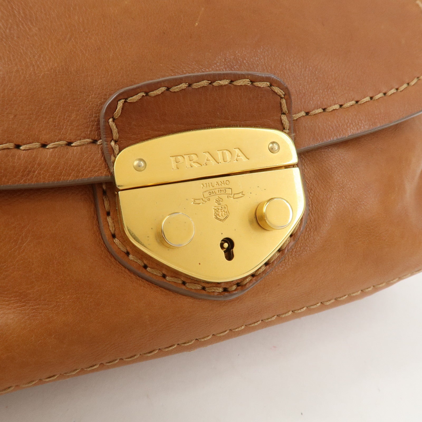 PRADA Logo Leather Chain Shoulder Bag Crossbody Bag Camel