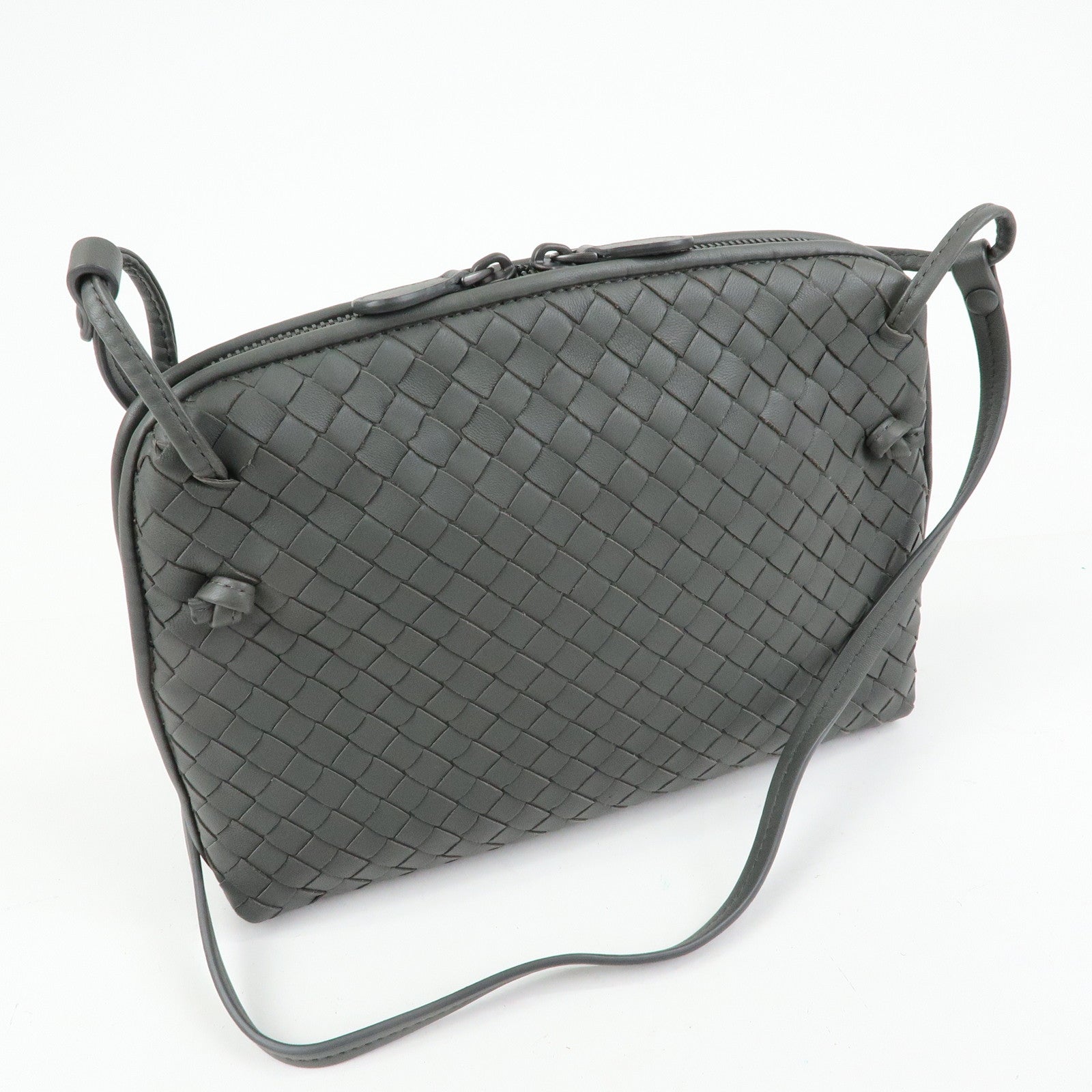 BOTTEGA VENETA Nodini Intrecciato Leather Shoulder Bag Gray 245354