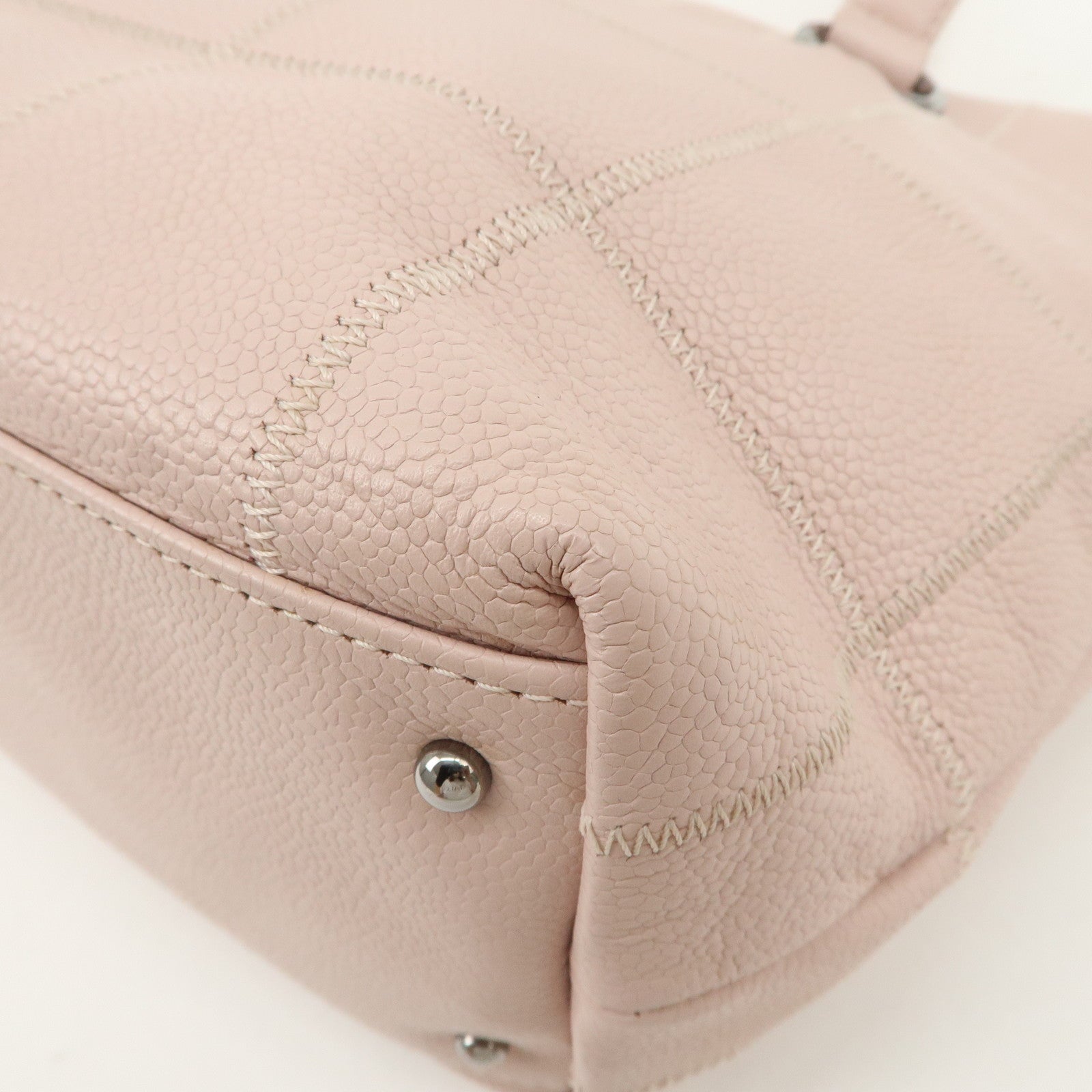 CHANEL Chocolate Bar Caviarskin Tote Bag Hand Bag Pink Silver Used