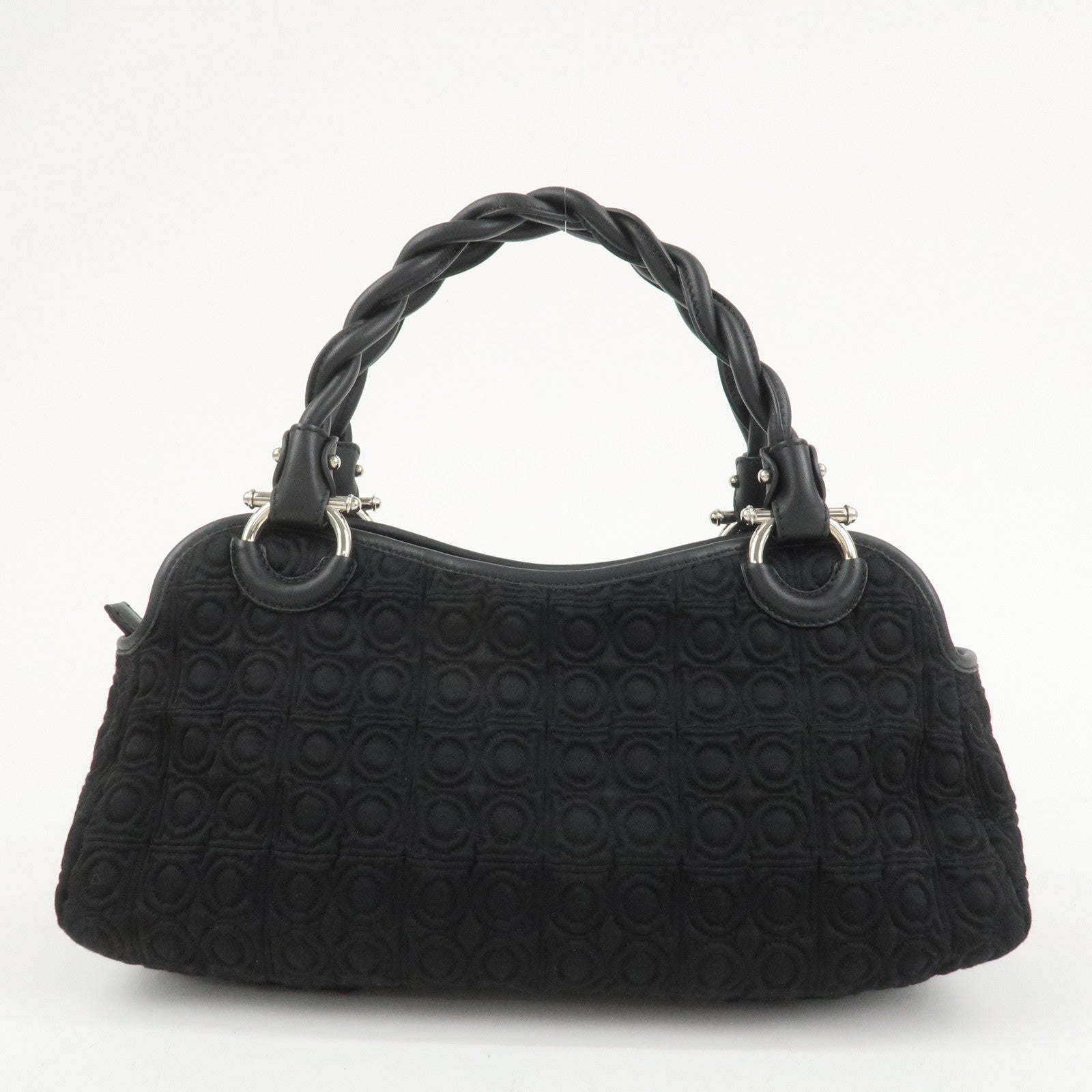 Ferragamo Gancini Canvas Leather Hand Bag Black Silver