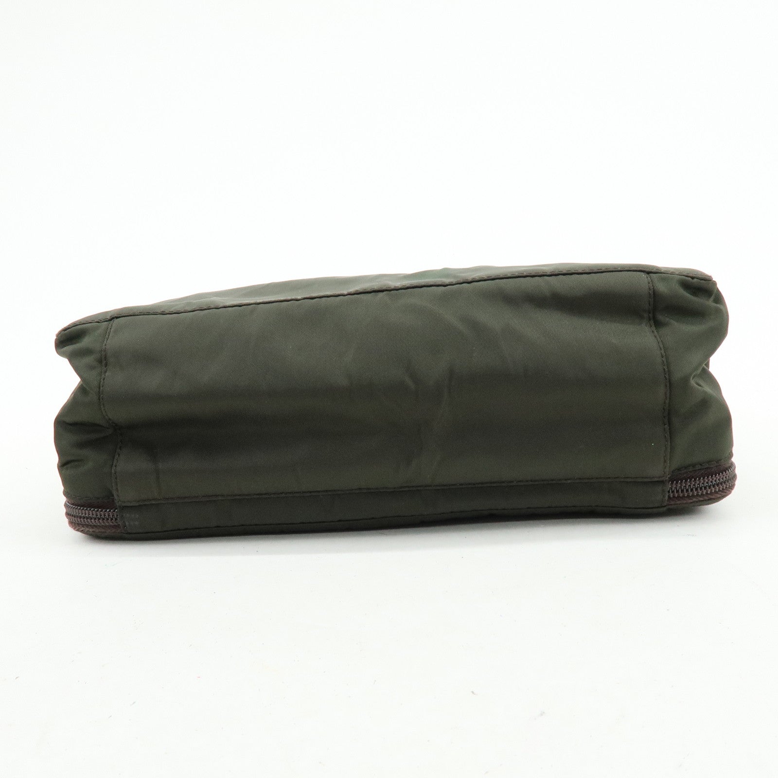 PRADA Triangle Logo Nylon Leather Hand Bag Cosmetic Case Khaki