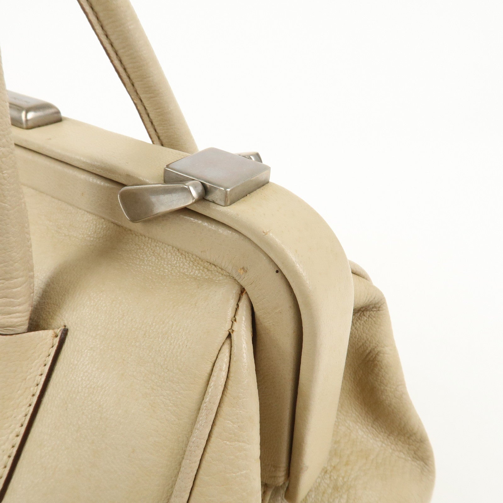 PRADA Leather Doctors Bag Hand Bag Beige Silver