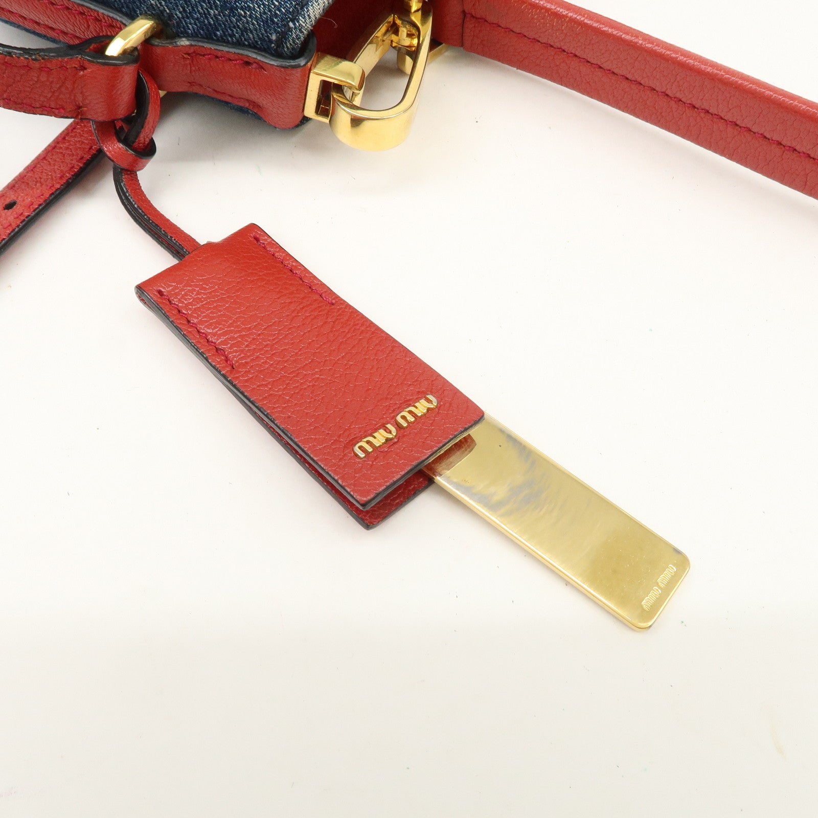 MIU MIU Madras Leather Denim 2Way Bag Shoulder Bag Red RR1951 Used