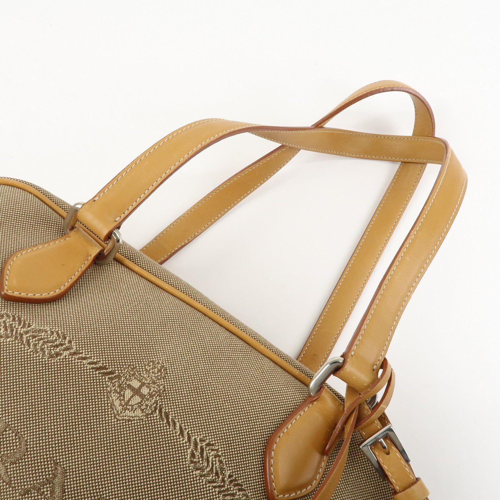 PRADA Logo Jacquard Leather Boston Bag Shoulder Bag Beige Used