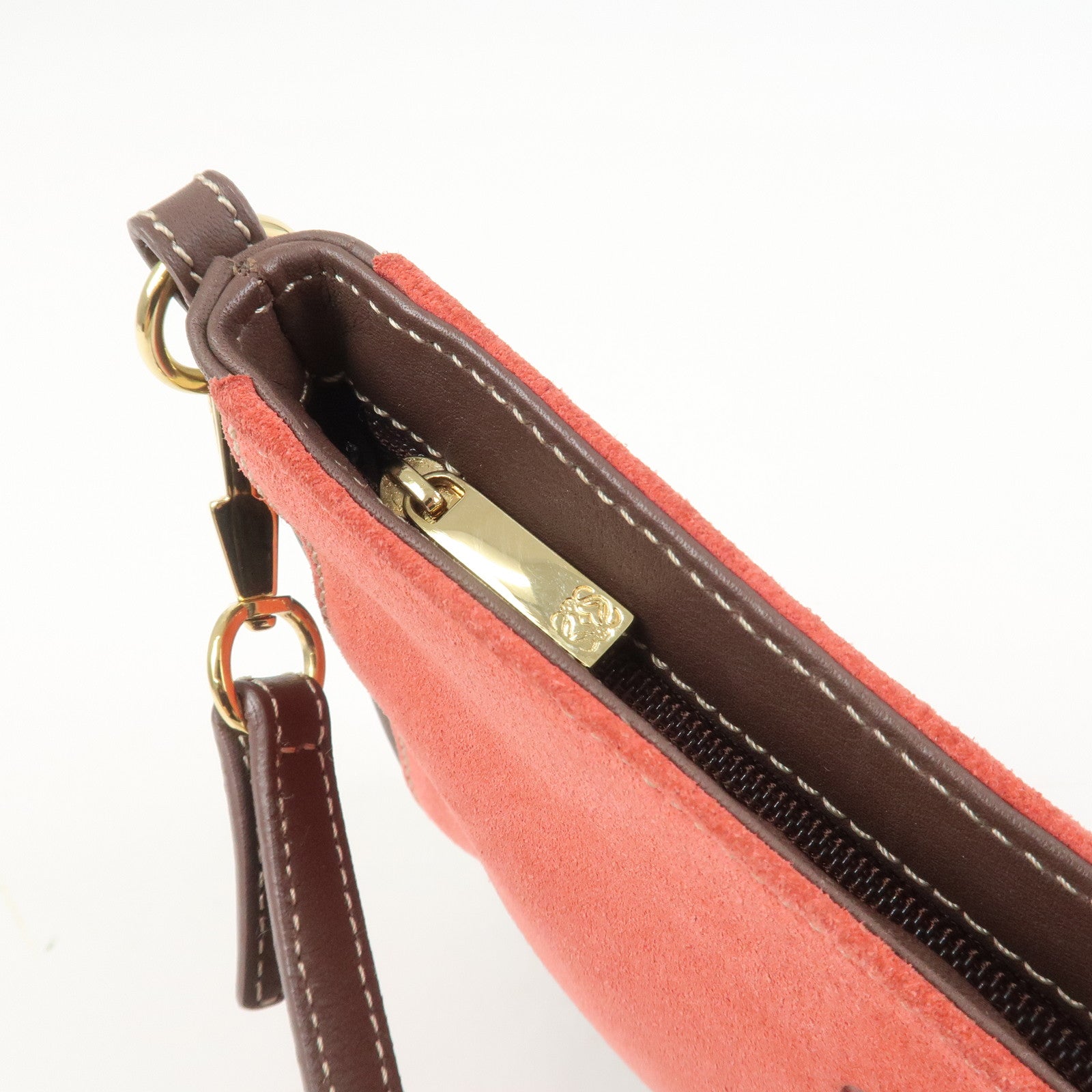 LOEWE Anagram Logo Suede Leather Accessory Pouch Hand Bag Brown Red