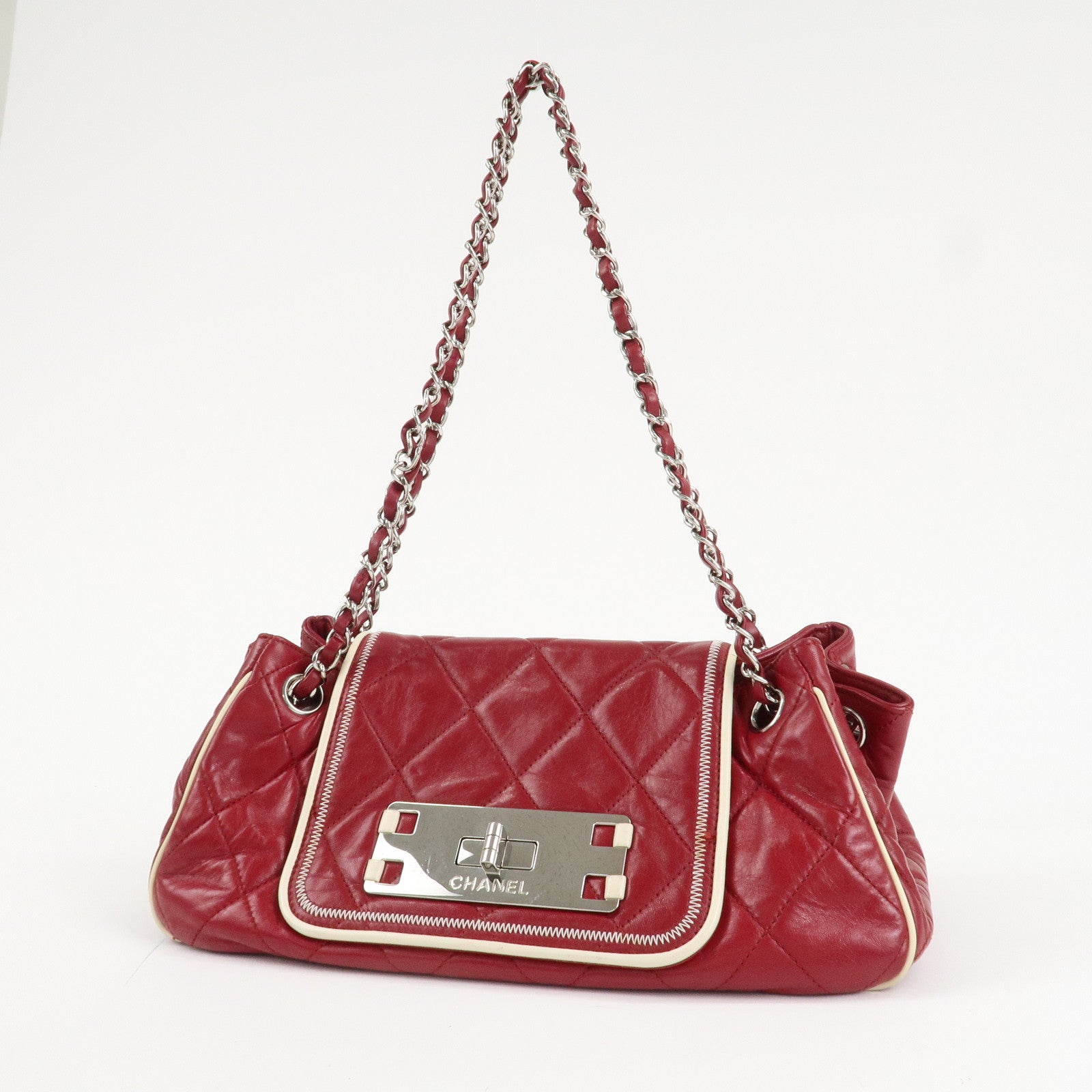 CHANEL 2.55 Lamb Skin Leather Chain Shoulder Bag Red Used