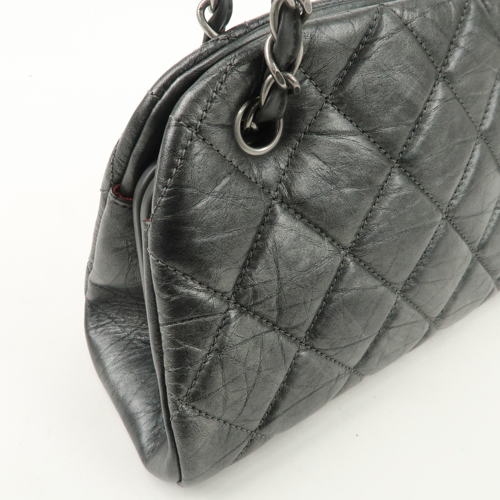 CHANEL Matelasse Leather Mademoiselle Chain Shoulder Bag Gray Silver Used