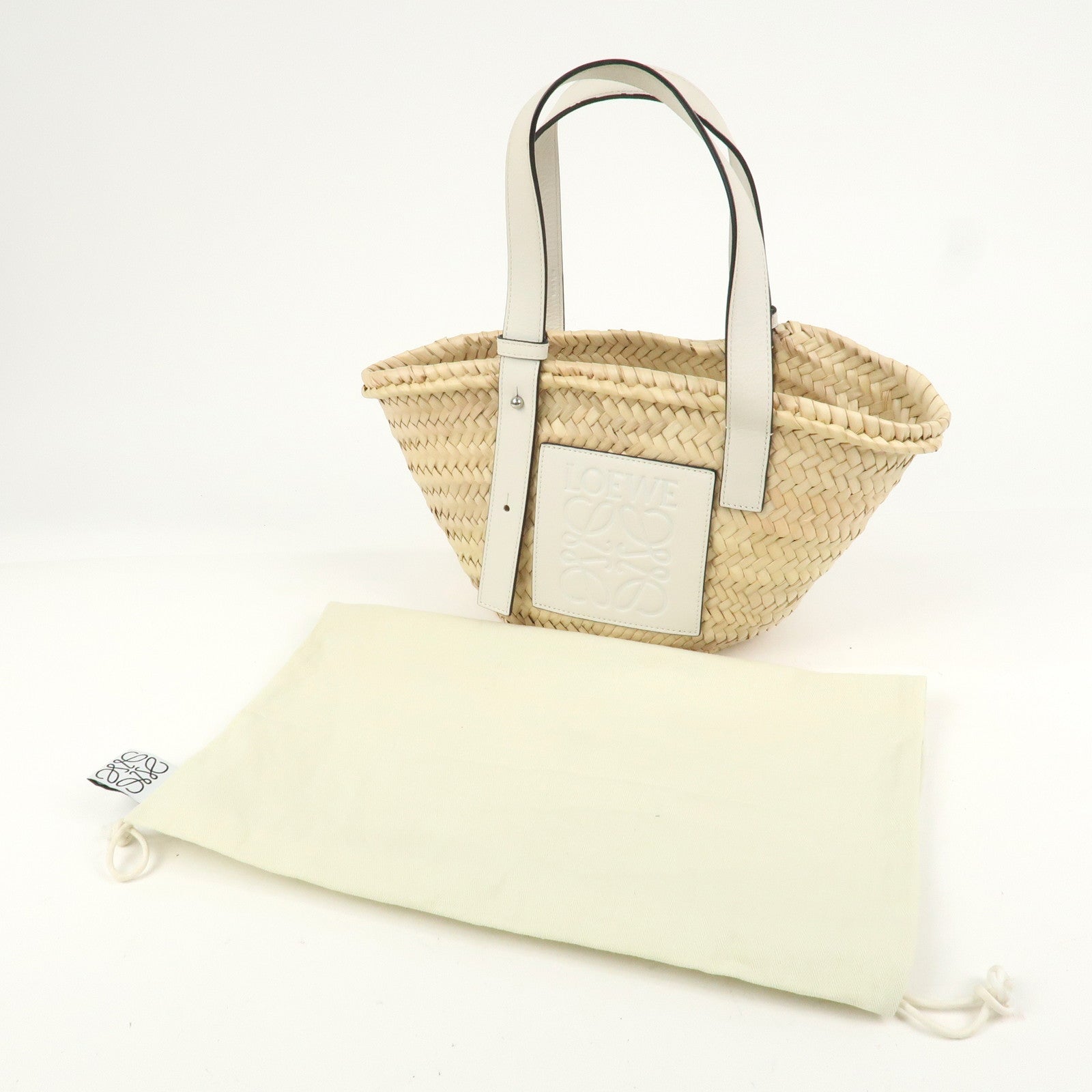 LOEWE Raffia Leather Small Basket Bag Hand Bag Natural White