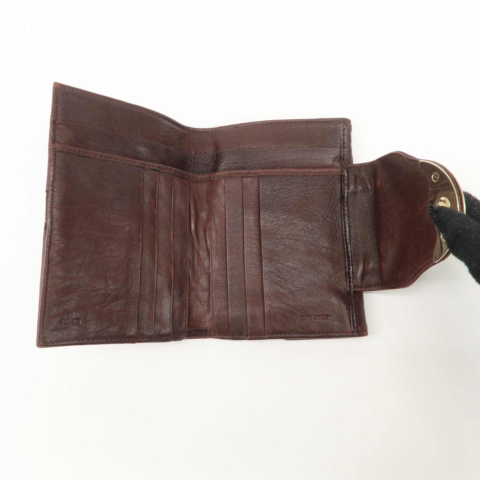 FENDI Zucca Leather Canvas W Hook Bi-fold Wallet Dark Brown 8M0160 Used