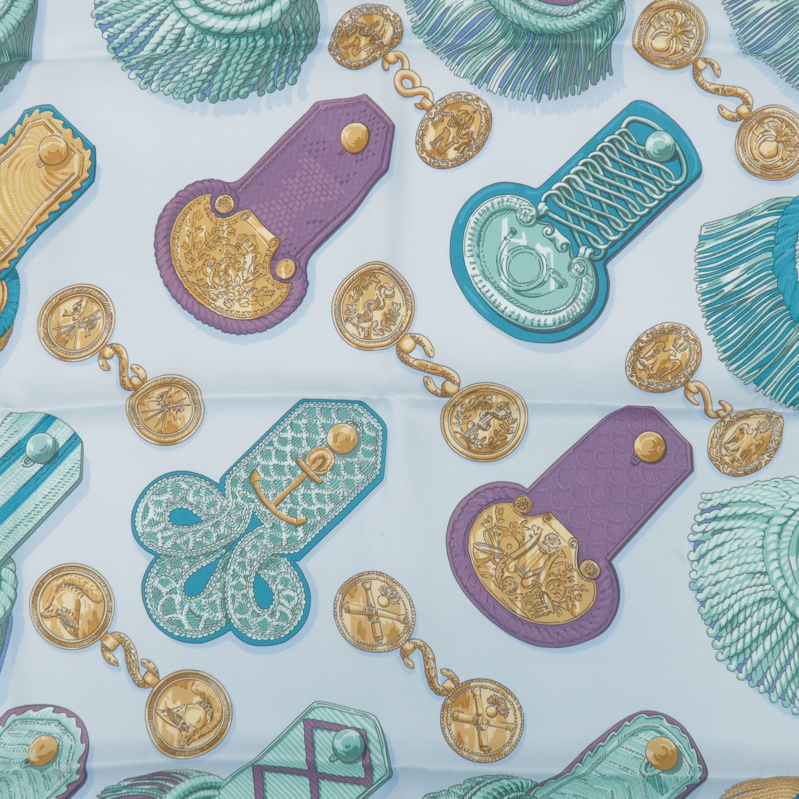 HERMES Carre 70 Silk 100% Scarf Epaulette Light Blue Light Green