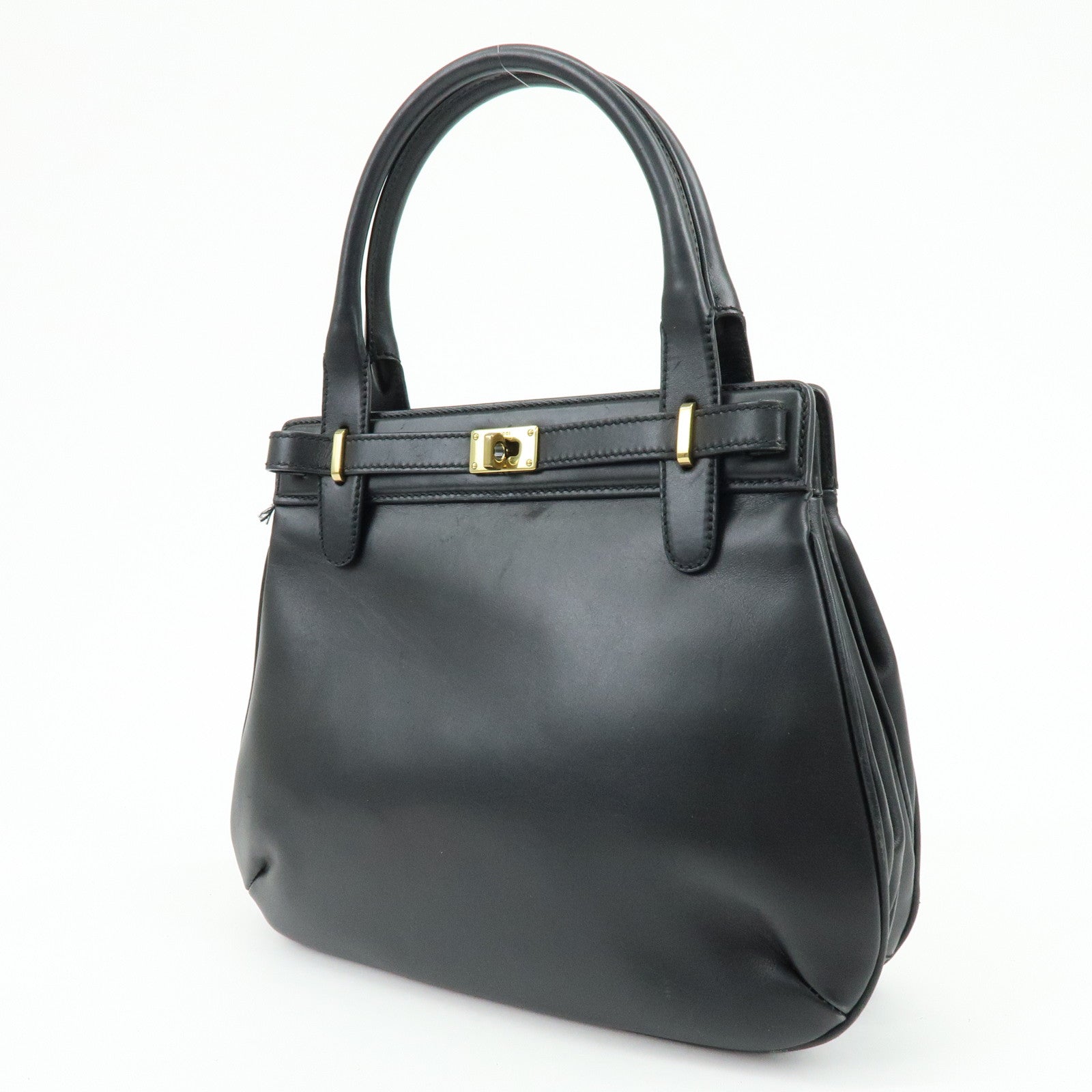 GUCCI Logo Leather Turn-lock Hand Bag Black 102119