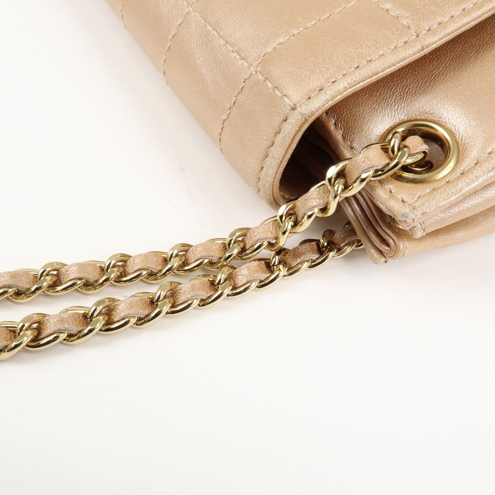 CHANEL Chocolate Bar Leather Chain Shoulder Bag Pink Gold Used