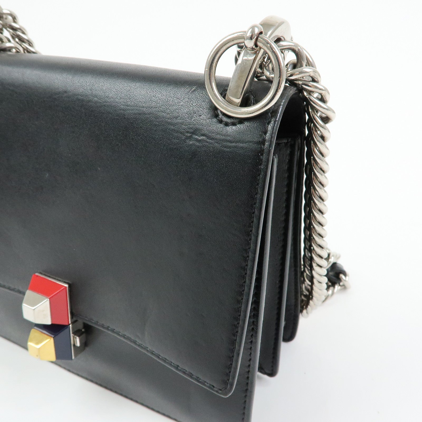 FENDI Kan I Mini Leather Chain Shoulder Crossbody Bag Black 8M0381