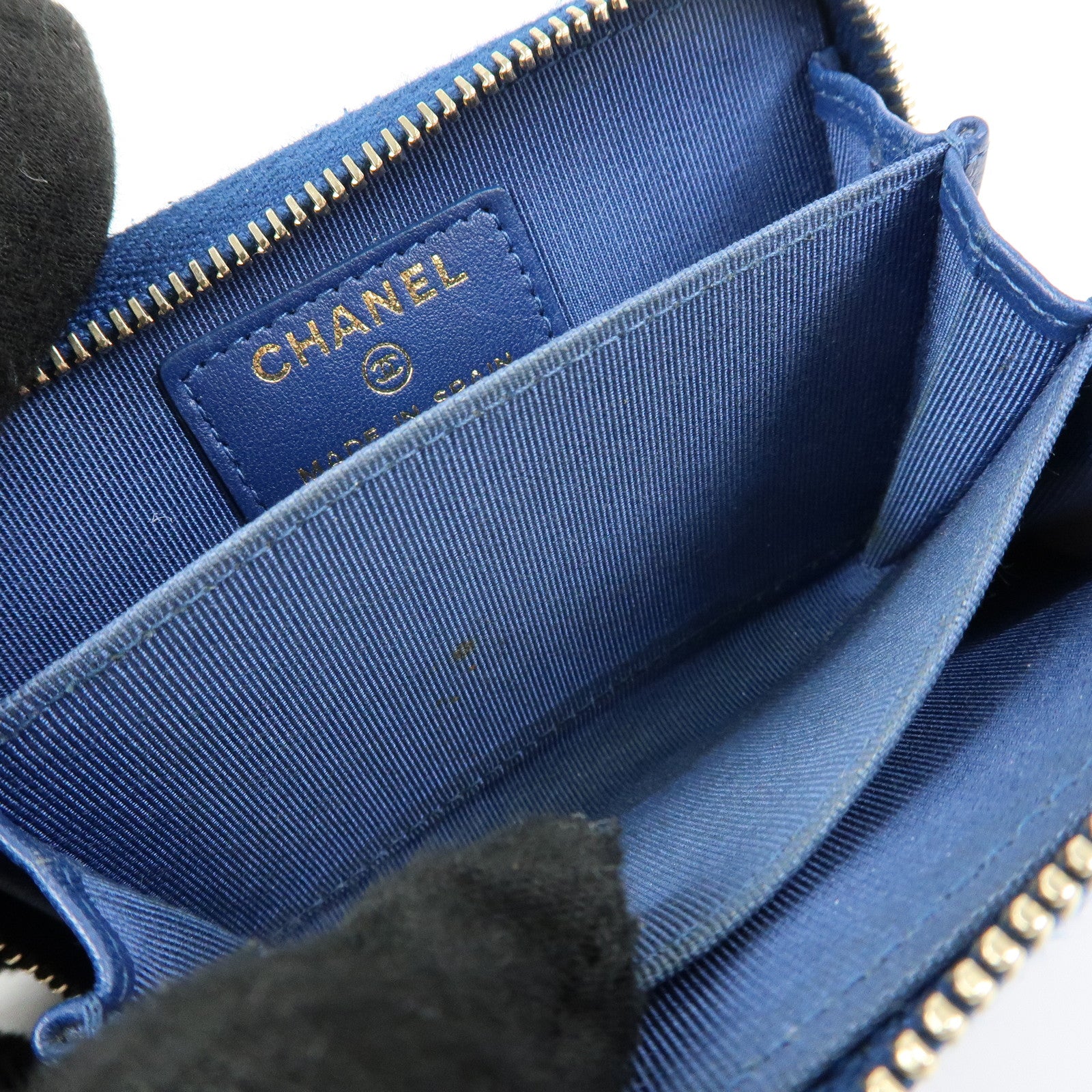 CHANEL Matelasse COCO Mark Lamb Skin Coin Case Card Case Blue
