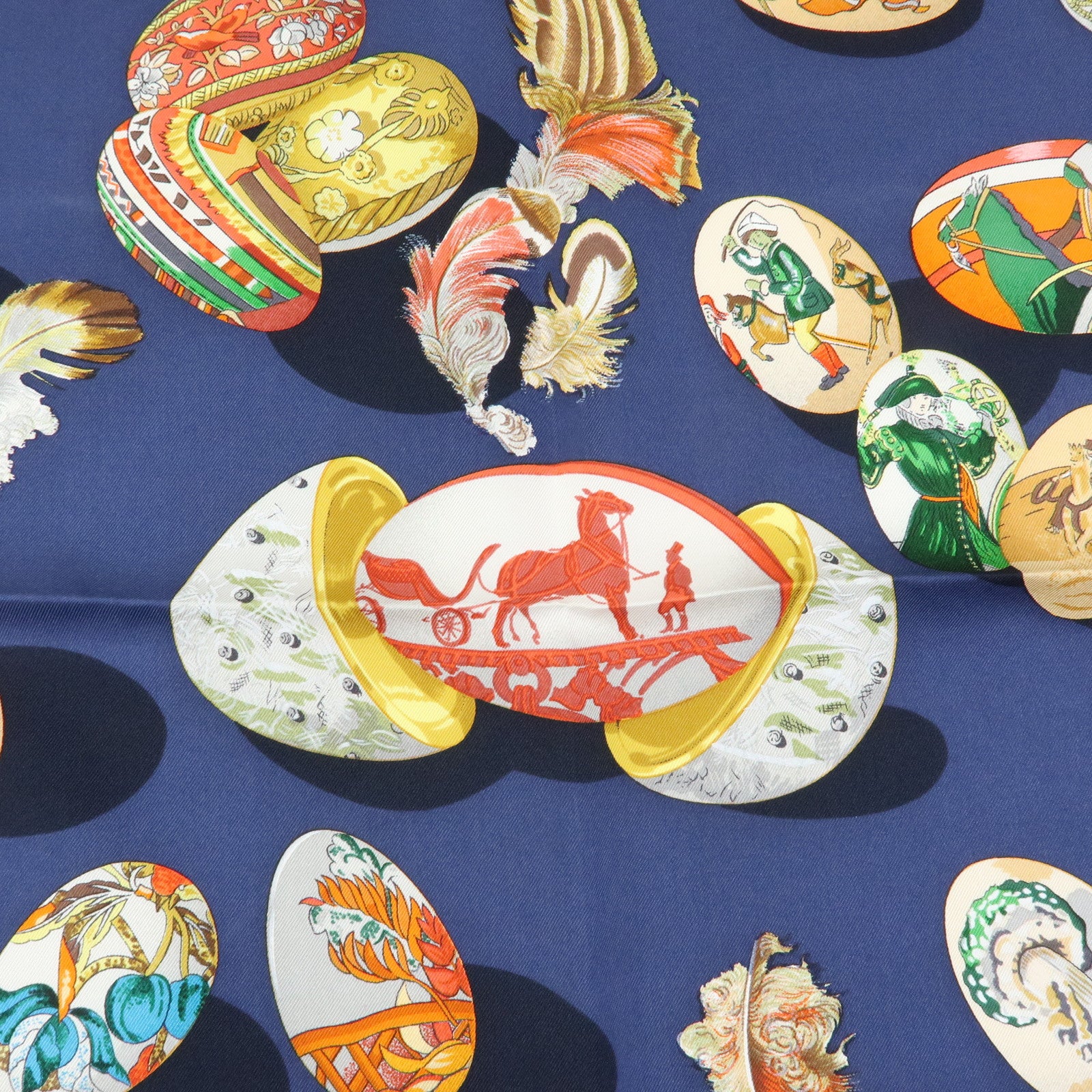 HERMES Carre 90 Silk 100% Scarf COUVEE D HERMES Egg Print Navy Gold