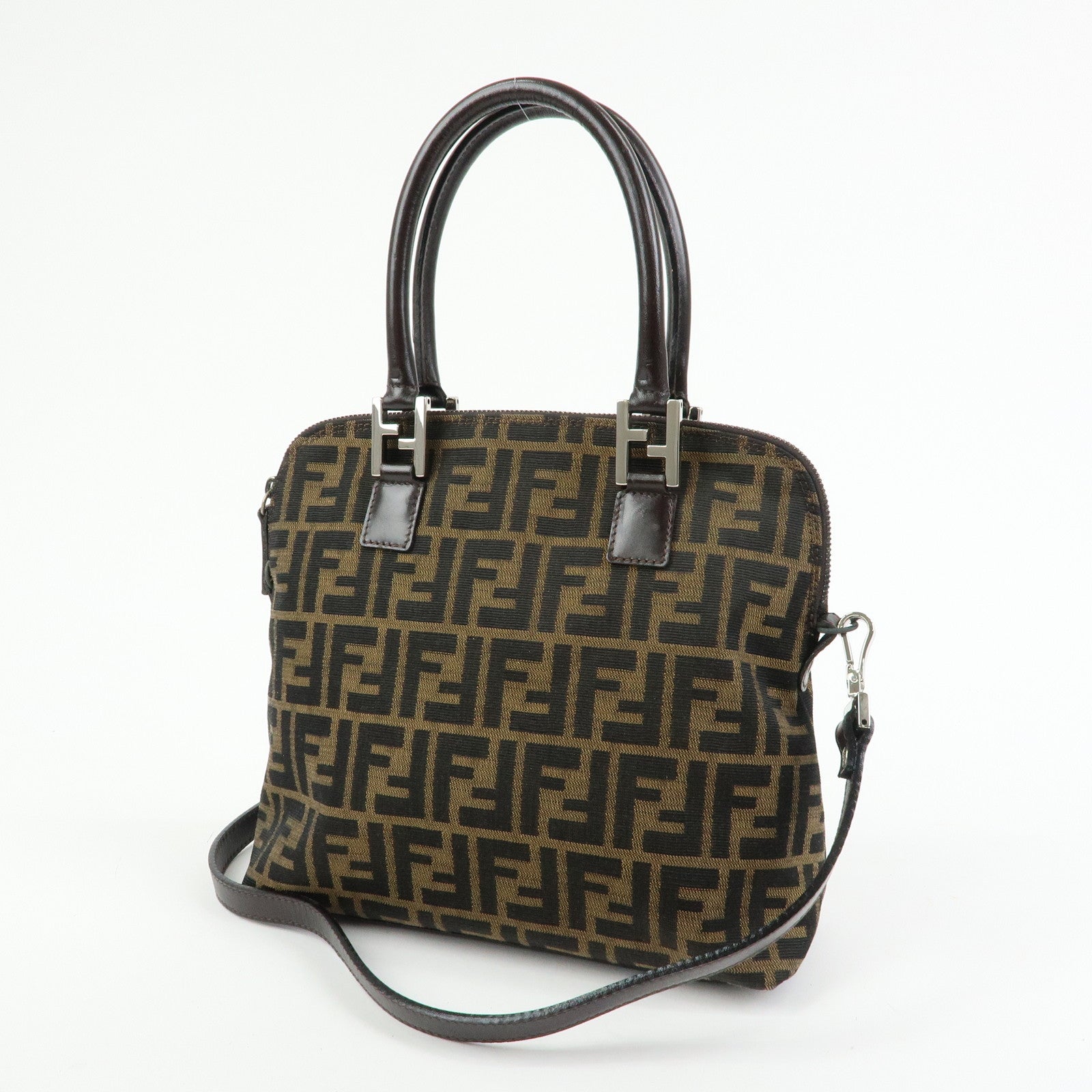 FENDI Zucca Jacquard Canvas Leather 2Way Bag Hand Bag Brown