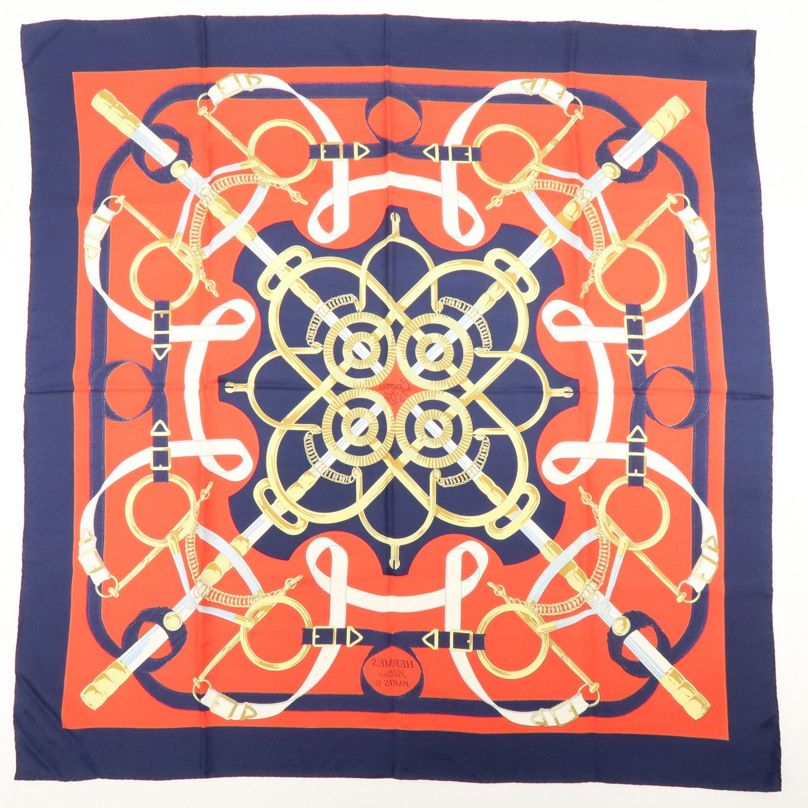 HERMES Carre 90 Silk 100% Eperon d'or Scarf Navy Red