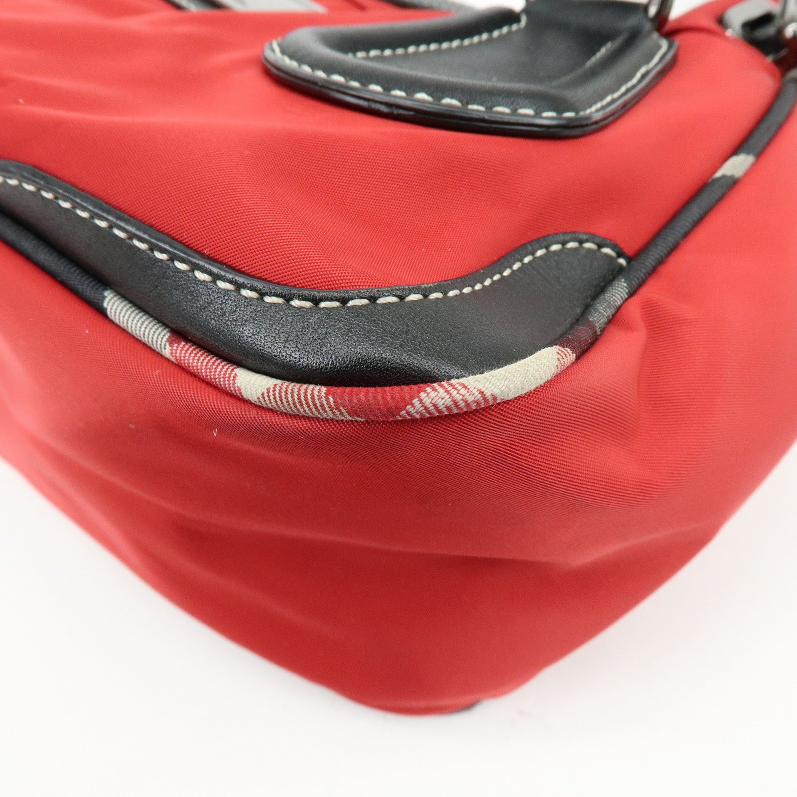 BURBERRY Blue Label Nova Plaid Nylon Leather Tote Bag Red Black