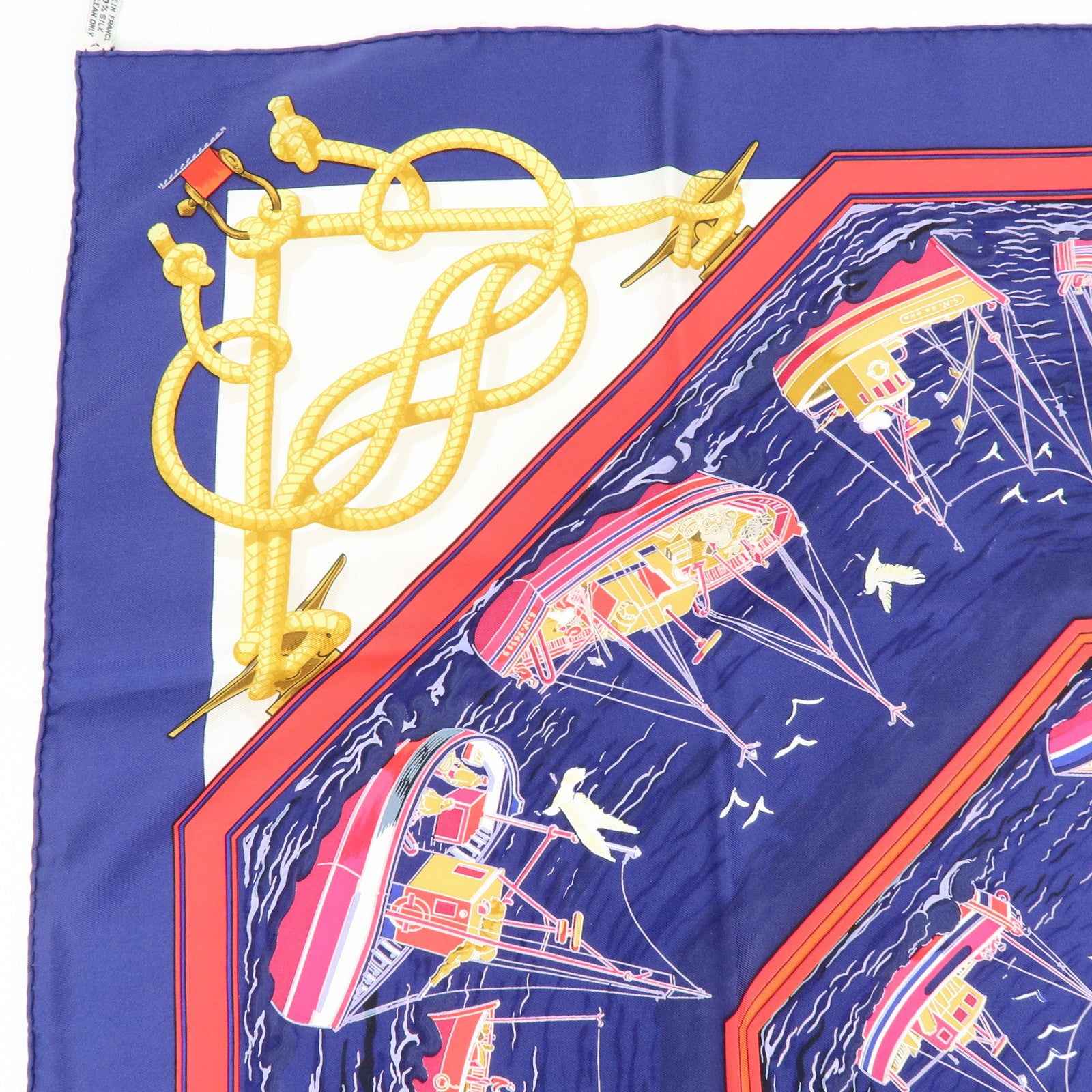 HERMES Carre 90 Silk100% Scarf RETOUR DE PECHE Blue Red Gold