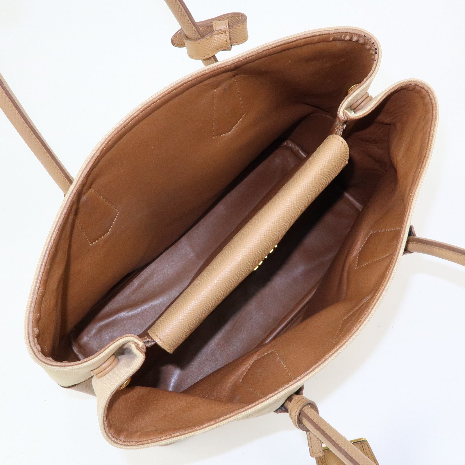 PRADA Triangle Logo Canvas Leather Tote Bag Beige Brown B2756T