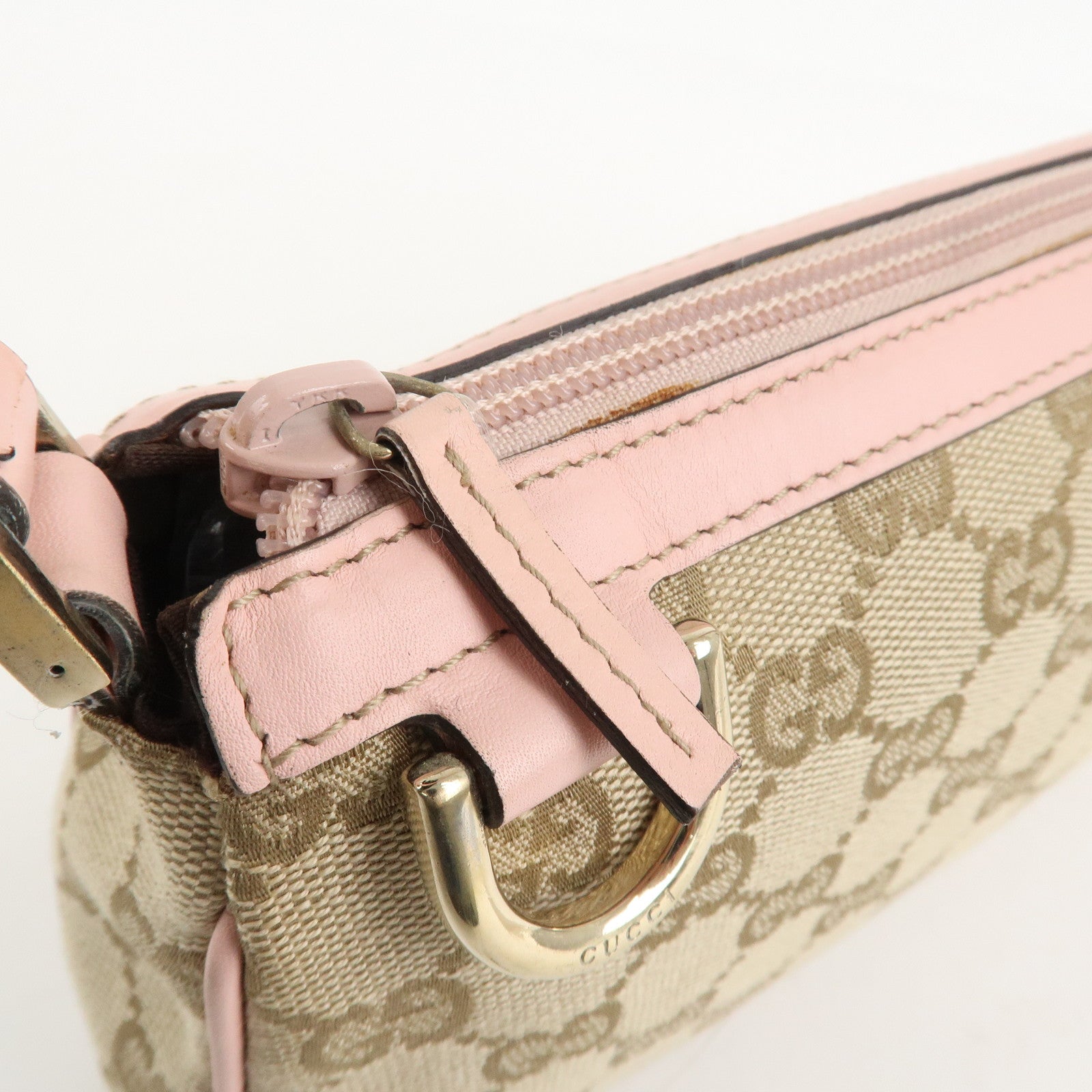 GUCCI Abbey GG Canvas Leather Hand Bag Pouch Pink Beige 145750 Used