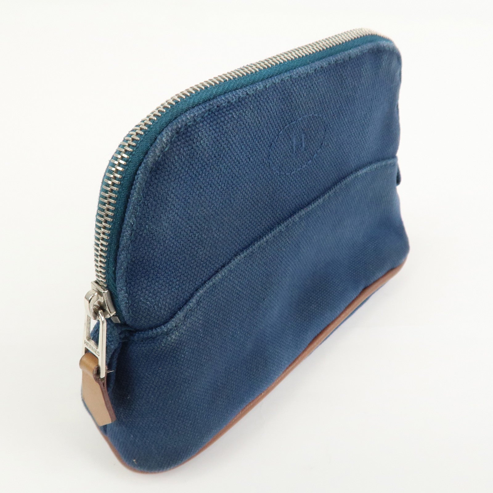HERMES Canvas Leather Bolide Mini Mini 16 Pouch Cosmetic Pouch Navy