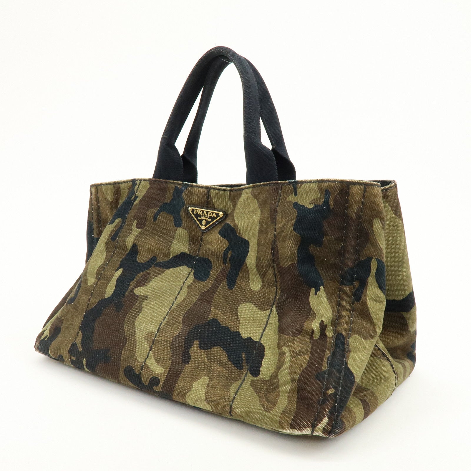 PRADA Canapa Large Tote Bag Hand Bag Khaki Black Brown BN1872