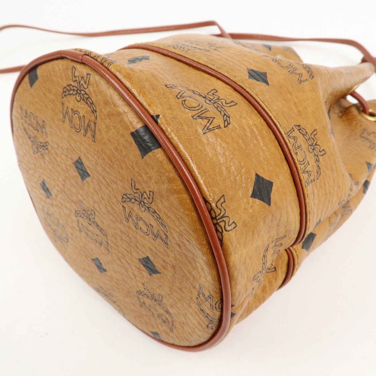 MCM Visetos Leather Drawstring Shoulder Bag Brown