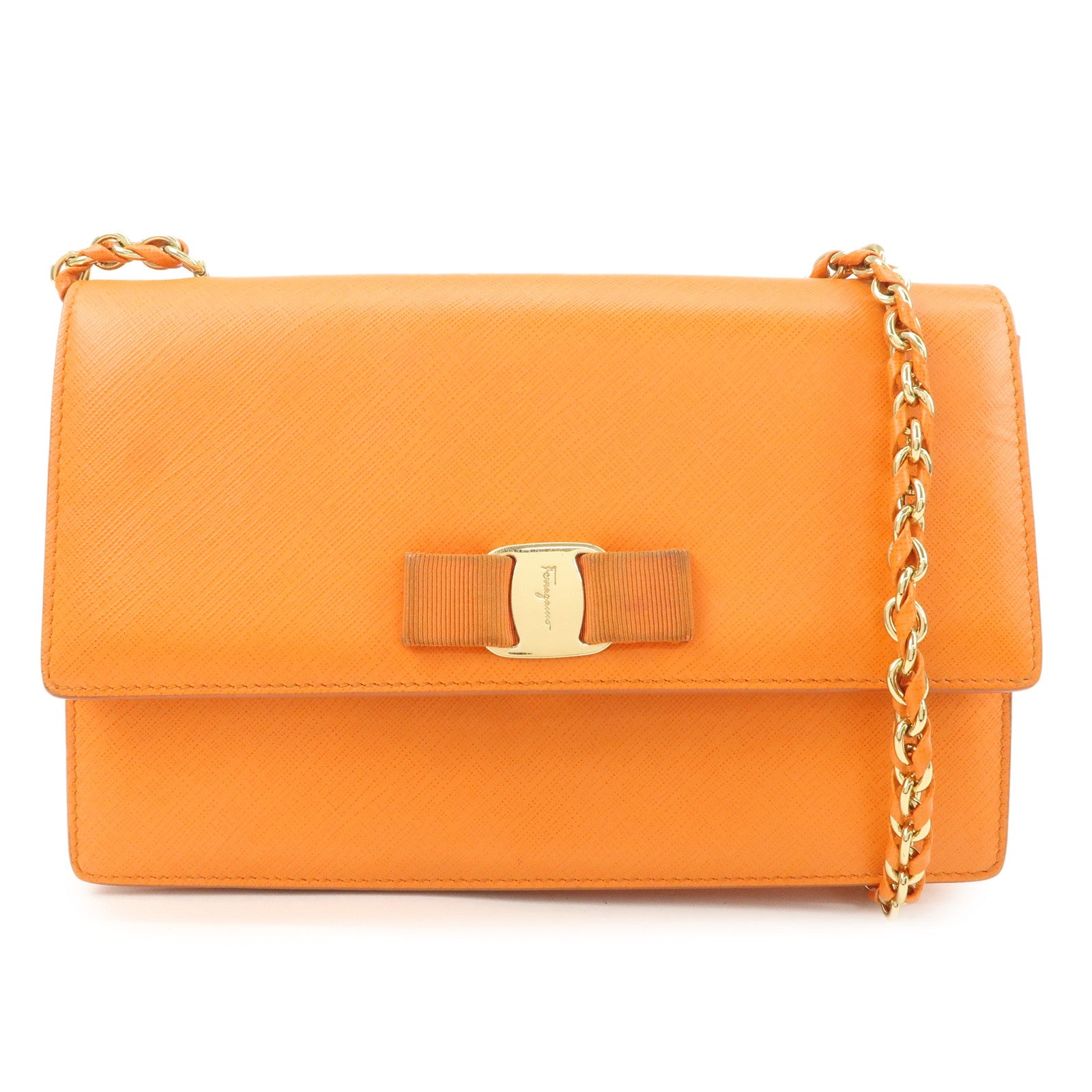 Ferragamo Vara Ribbon Leather Chain Shoulder Bag Hand Bag Orange